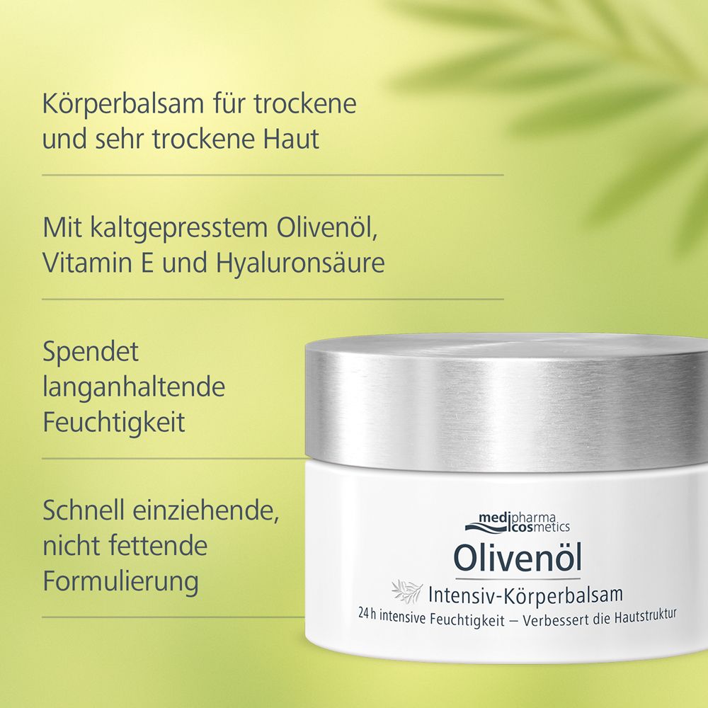 Pot blanc avec texte du produit. Texte : Olivenöl Intensiv-Körperbalsam. Fond vert et blanc avec texte.