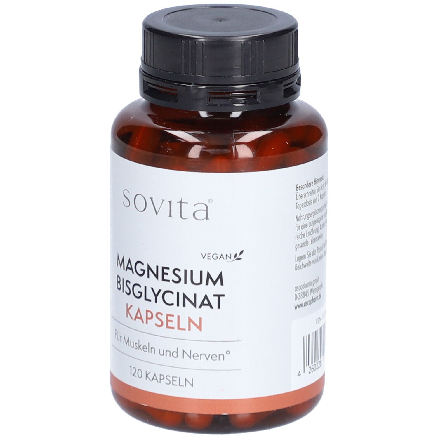Flacon brun avec bouchon noir. Inscription: Sovita, Magnesium Bisglycinat Kapseln, 120 gélules.