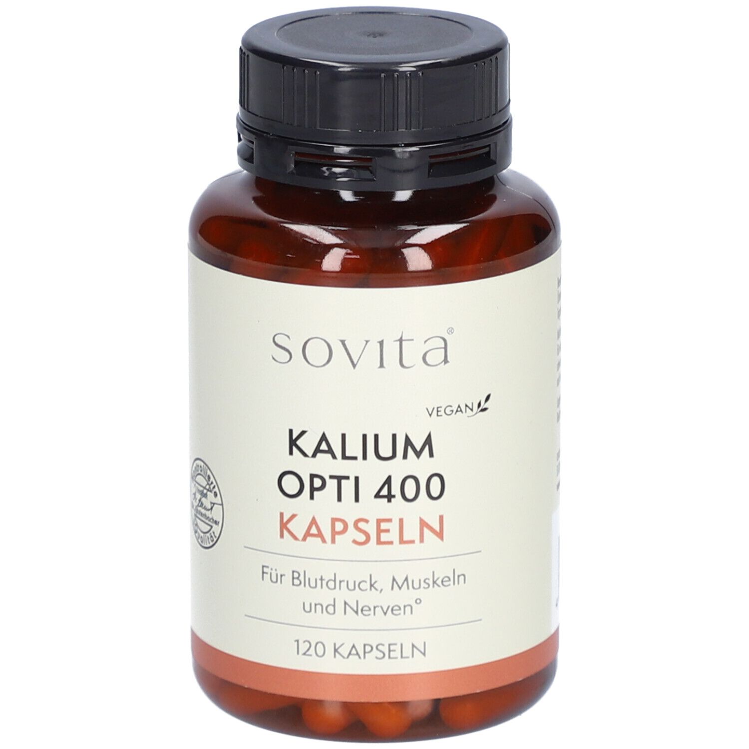 Braune Plastikflasche mit schwarzem Deckel. Aufschrift: SOVITA Kalium Opti 400 Kapseln. Vegan-Siegel.