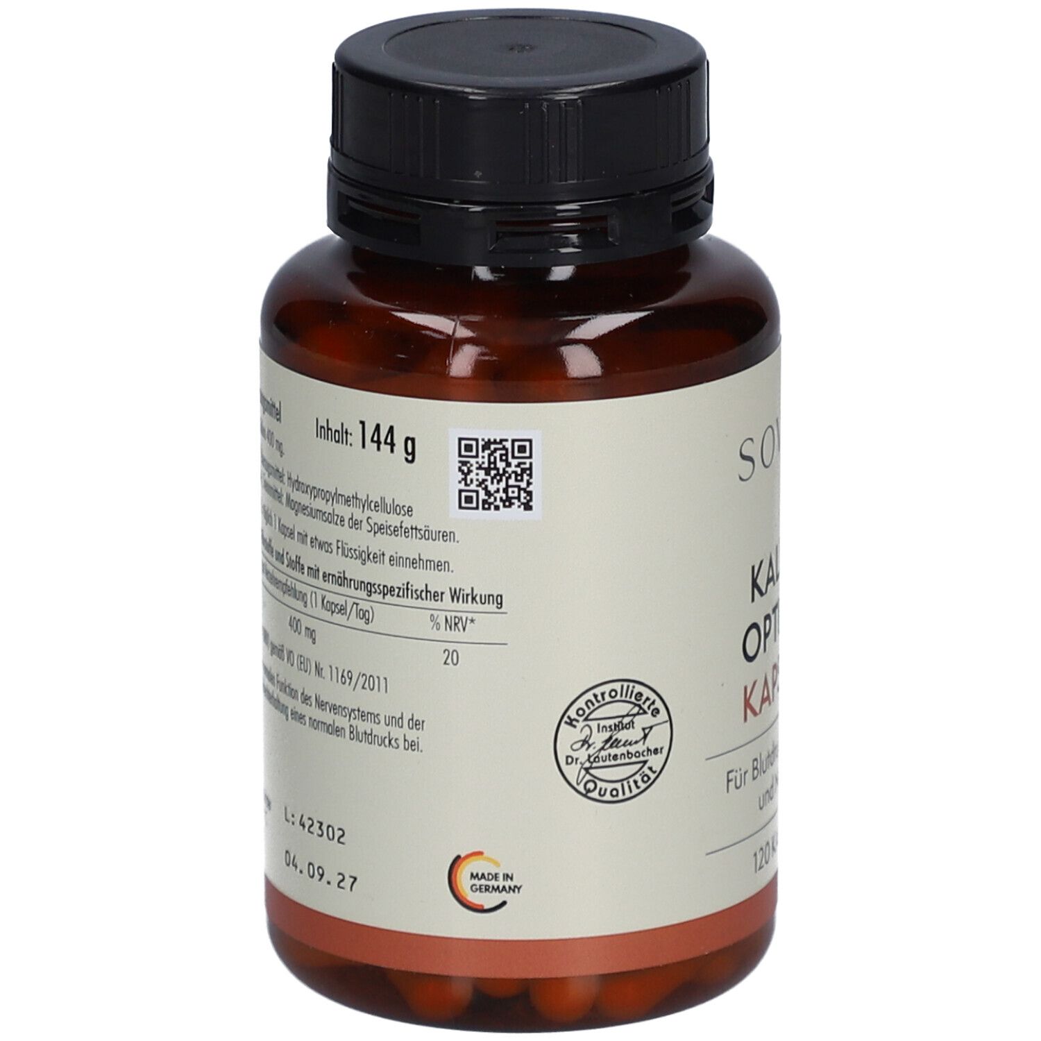 Rückseite der Flasche. Enthält Informationen zu Inhaltsstoffen und Nährwerten. QR-Code und Qualitätszeichen.