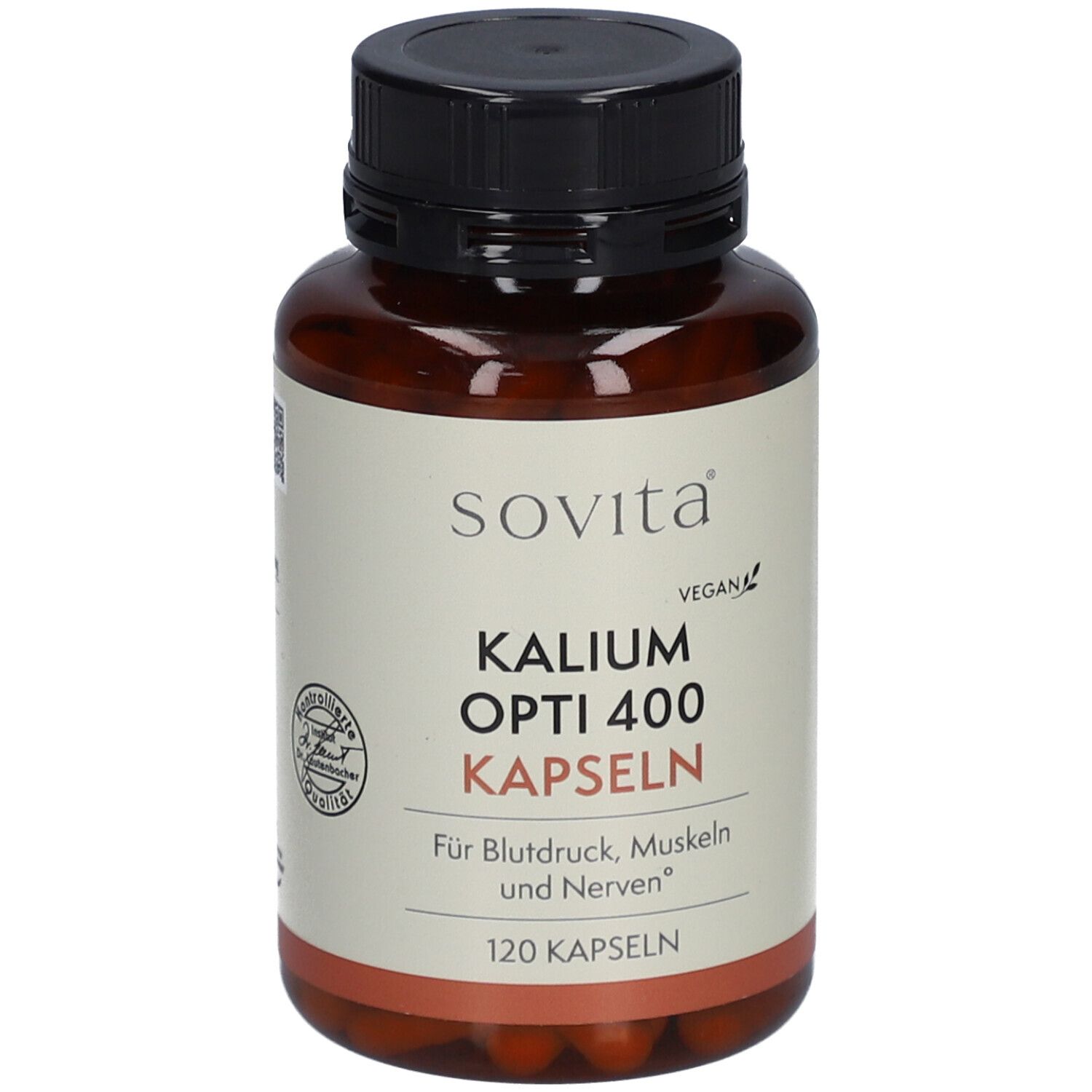 Braune Plastikflasche mit schwarzem Deckel. Aufschrift: SOVITA Kalium Opti 400 Kapseln. Vegan-Siegel.