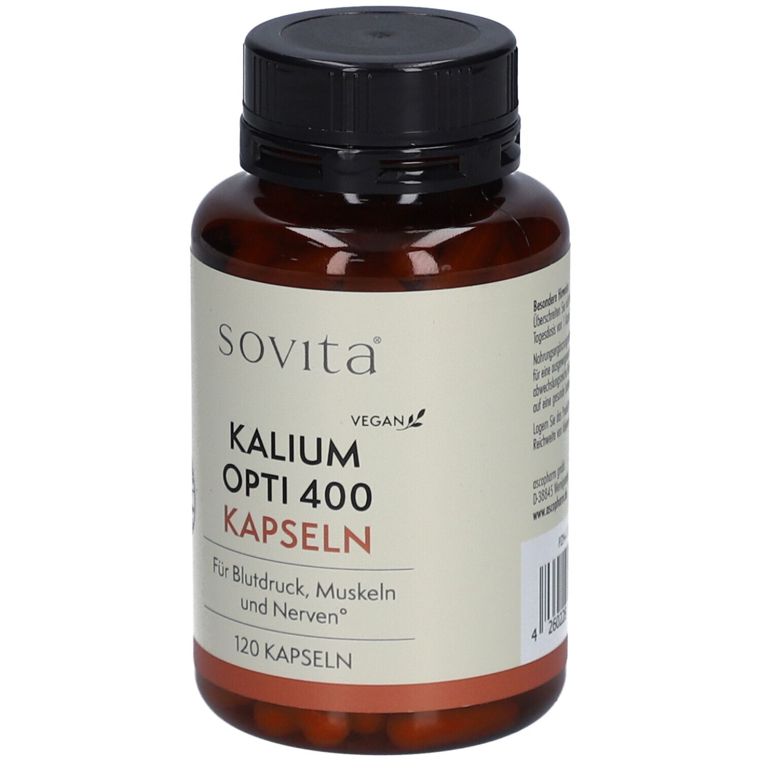 Braune Plastikflasche mit schwarzem Deckel. Aufschrift: SOVITA Kalium Opti 400 Kapseln. Vegan-Siegel.