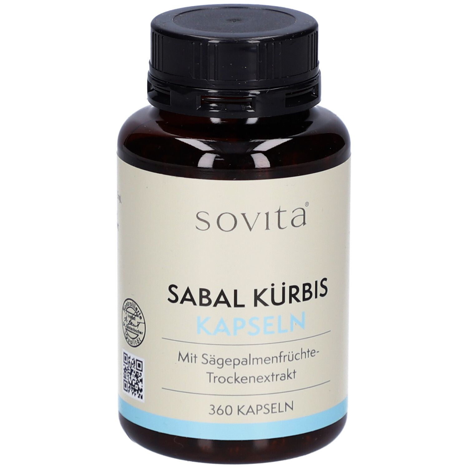Braune Flasche mit schwarzem Deckel. Aufschrift: Sovita, Sabal Kürbis Kapseln, 360 Kapseln. Mit Sägepalmenfrüchte-Trockenextrakt.