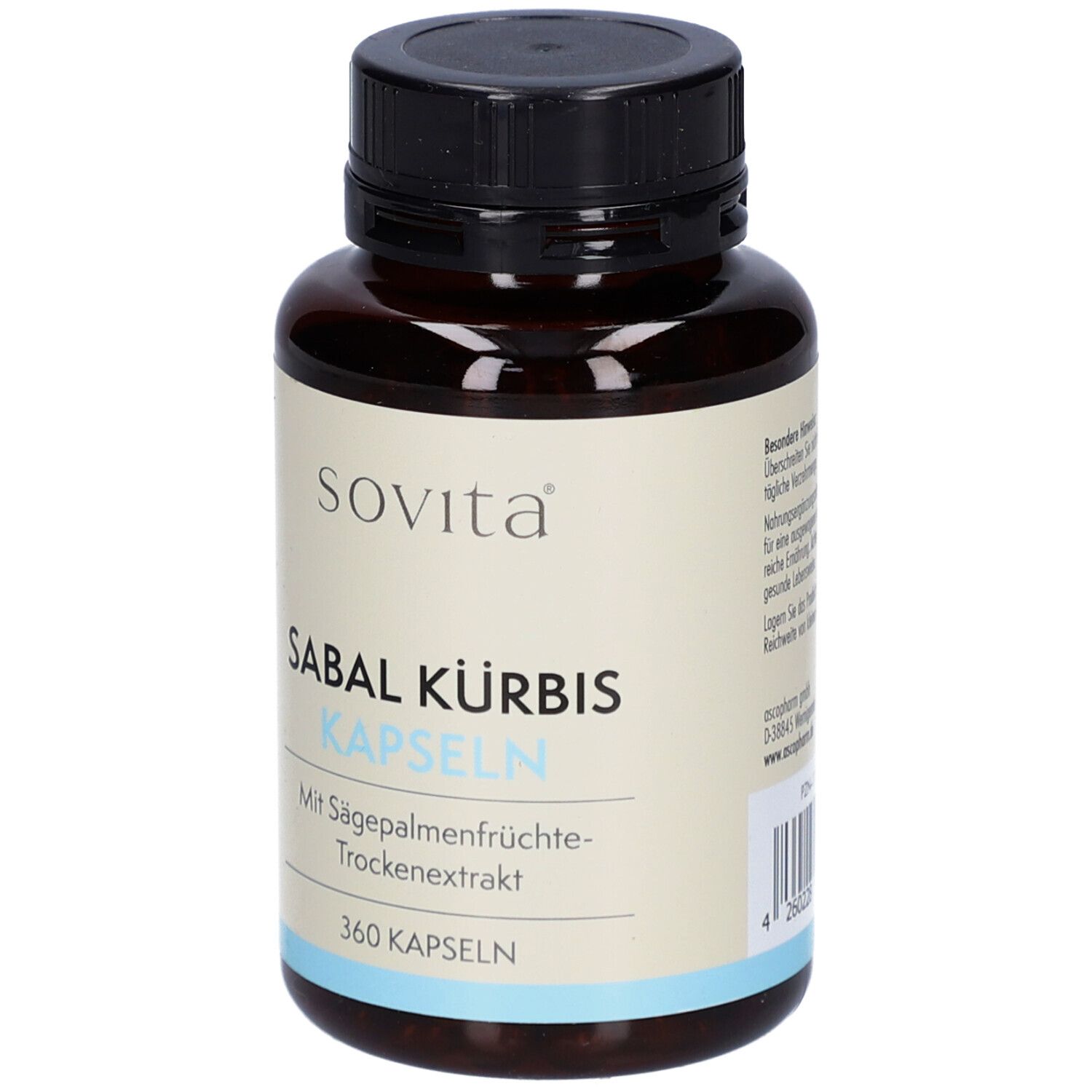 Braune Flasche mit schwarzem Deckel. Aufschrift: Sovita, Sabal Kürbis Kapseln, 360 Kapseln. Mit Sägepalmenfrüchte-Trockenextrakt.
