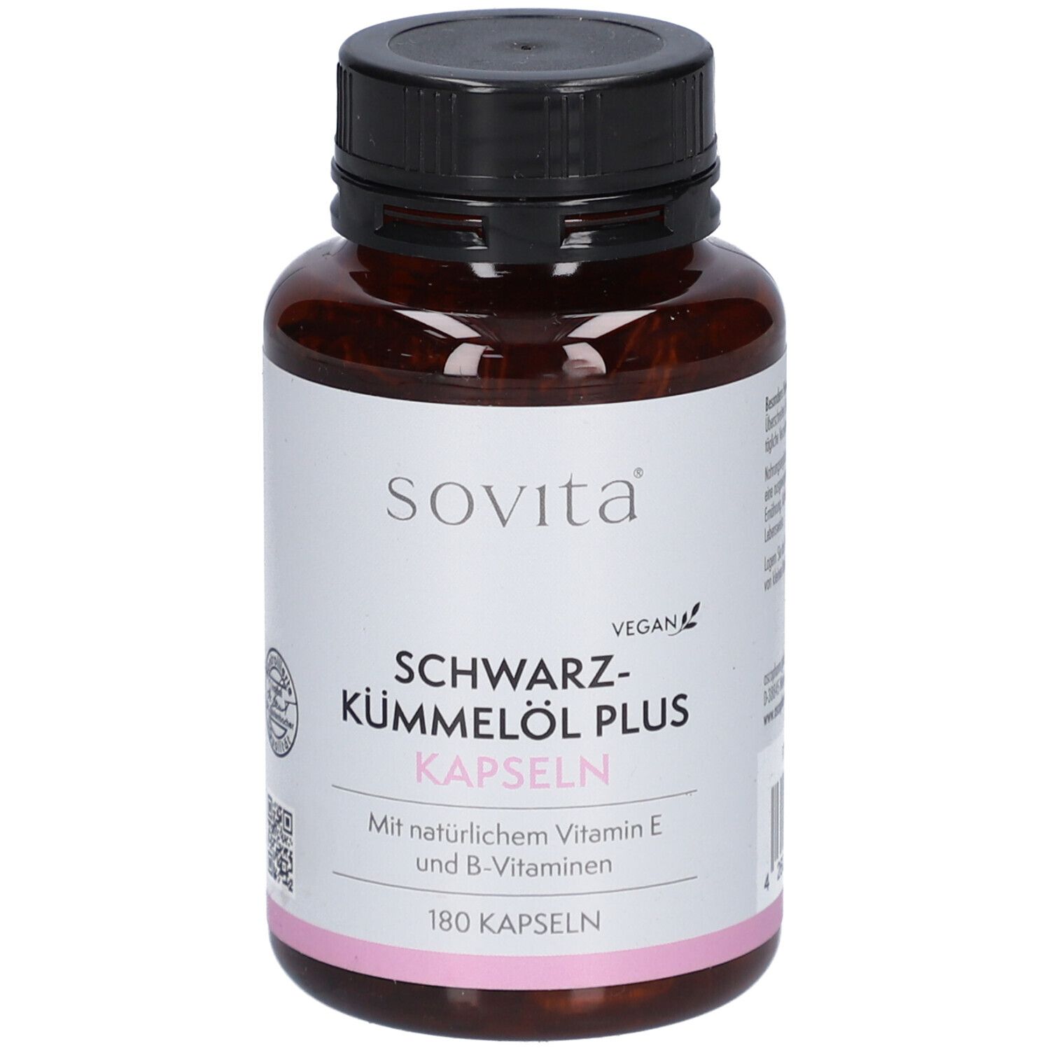 Braune Kunststoffdose mit schwarzem Deckel. Aufschrift: Sovita, Schwarzkümmelöl Plus Kapseln, 180 Kapseln.