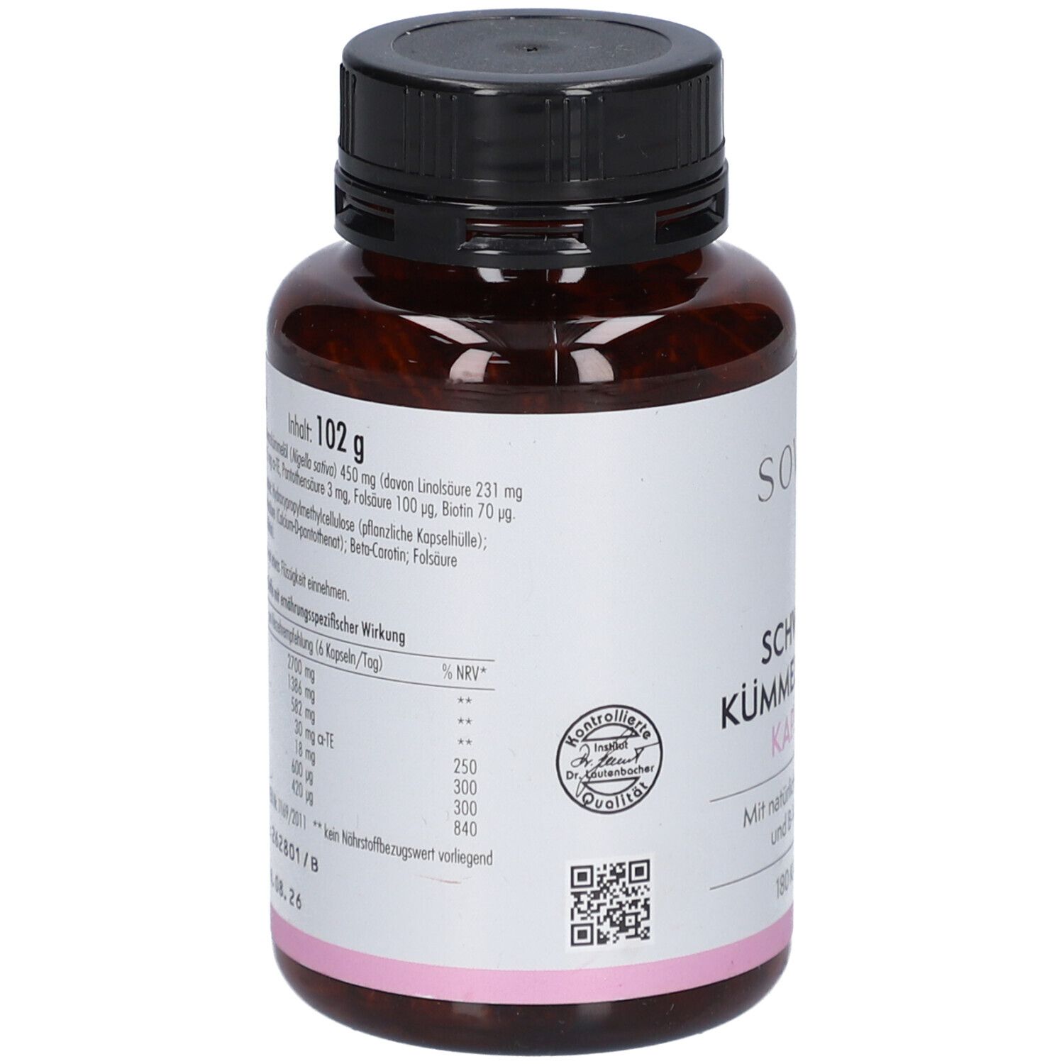Rückseite der braunen Dose. Aufschrift: Nährwertangaben, Inhaltsstoffe, Gewicht 102 g, QR-Code, Kontrollierte Qualität.