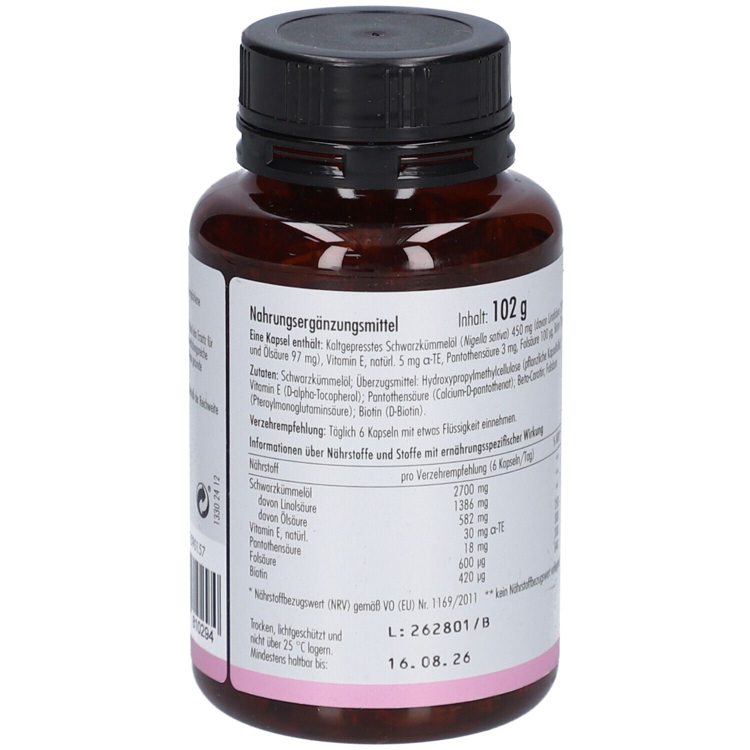 Rückseite der braunen Dose. Aufschrift: Nährwertangaben, Inhaltsstoffe, Gewicht 102 g, Mindesthaltbarkeitsdatum.