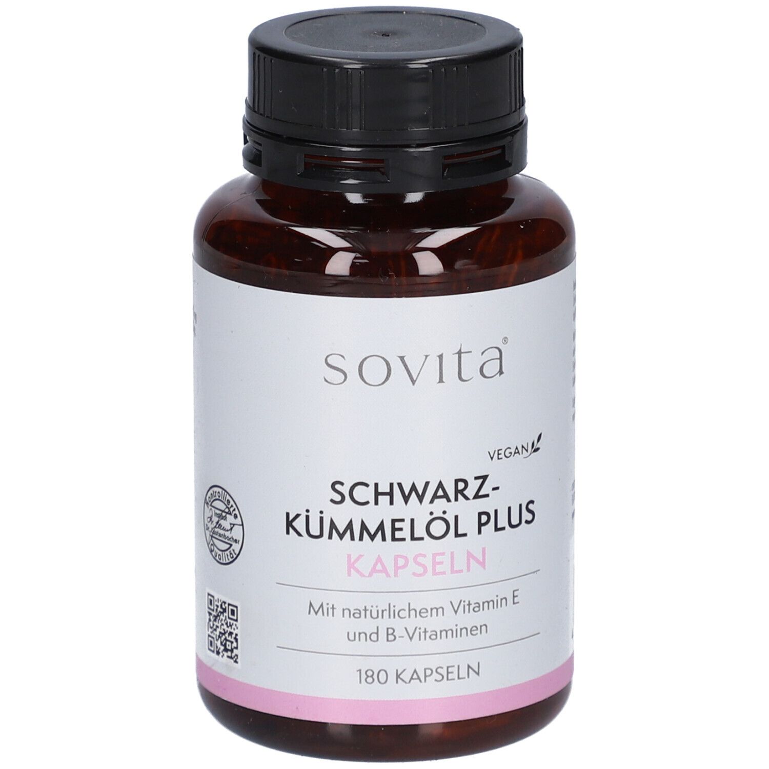 Braune Kunststoffdose mit schwarzem Deckel. Aufschrift: Sovita, Schwarzkümmelöl Plus Kapseln, 180 Kapseln, Vegan.