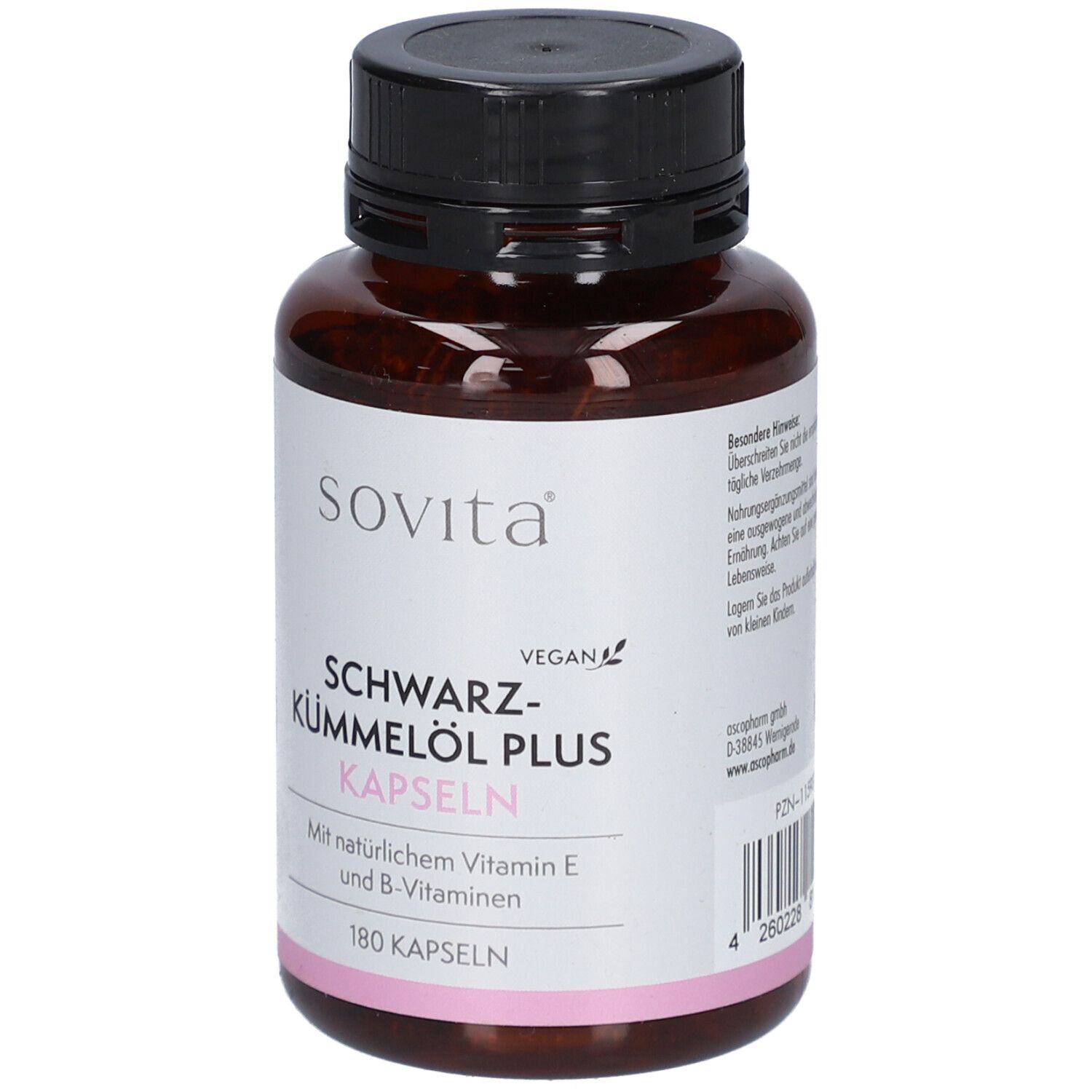 Braune Kunststoffdose mit schwarzem Deckel. Aufschrift: Sovita, Schwarzkümmelöl Plus Kapseln, 180 Kapseln, Barcode.