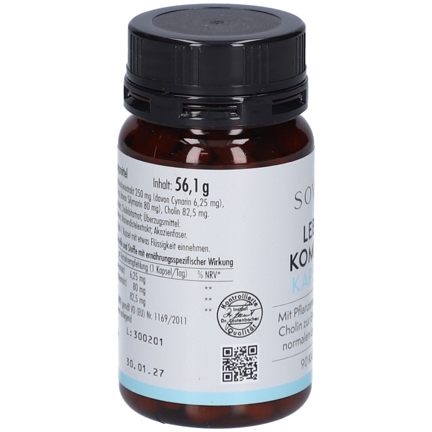 Dos du flacon. Informations sur les ingrédients, le poids et la valeur nutritionnelle. Avec code QR et sceau.