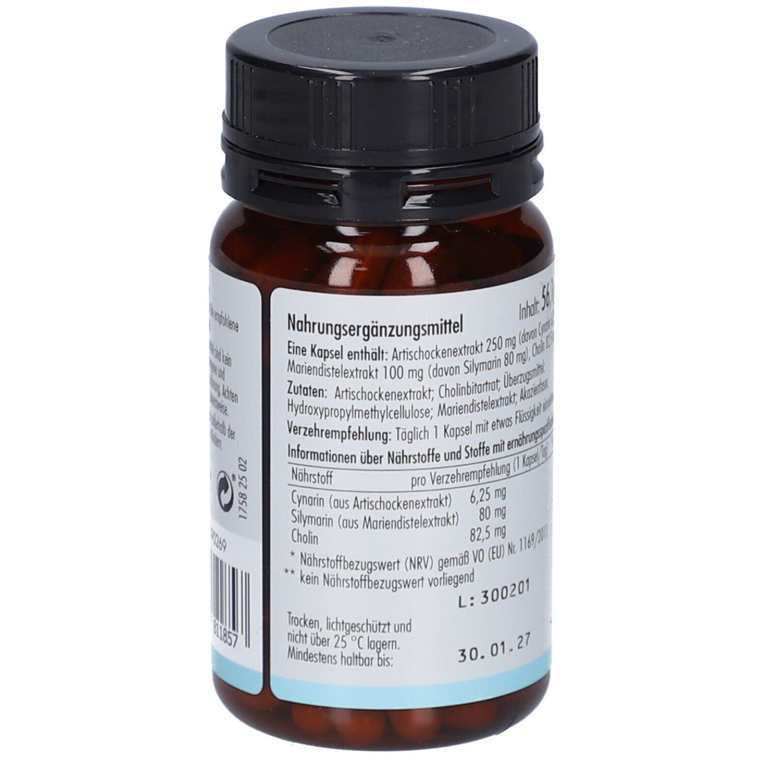 Dos du flacon. Informations sur les ingrédients et la valeur nutritionnelle. Date de péremption: 30.01.27.