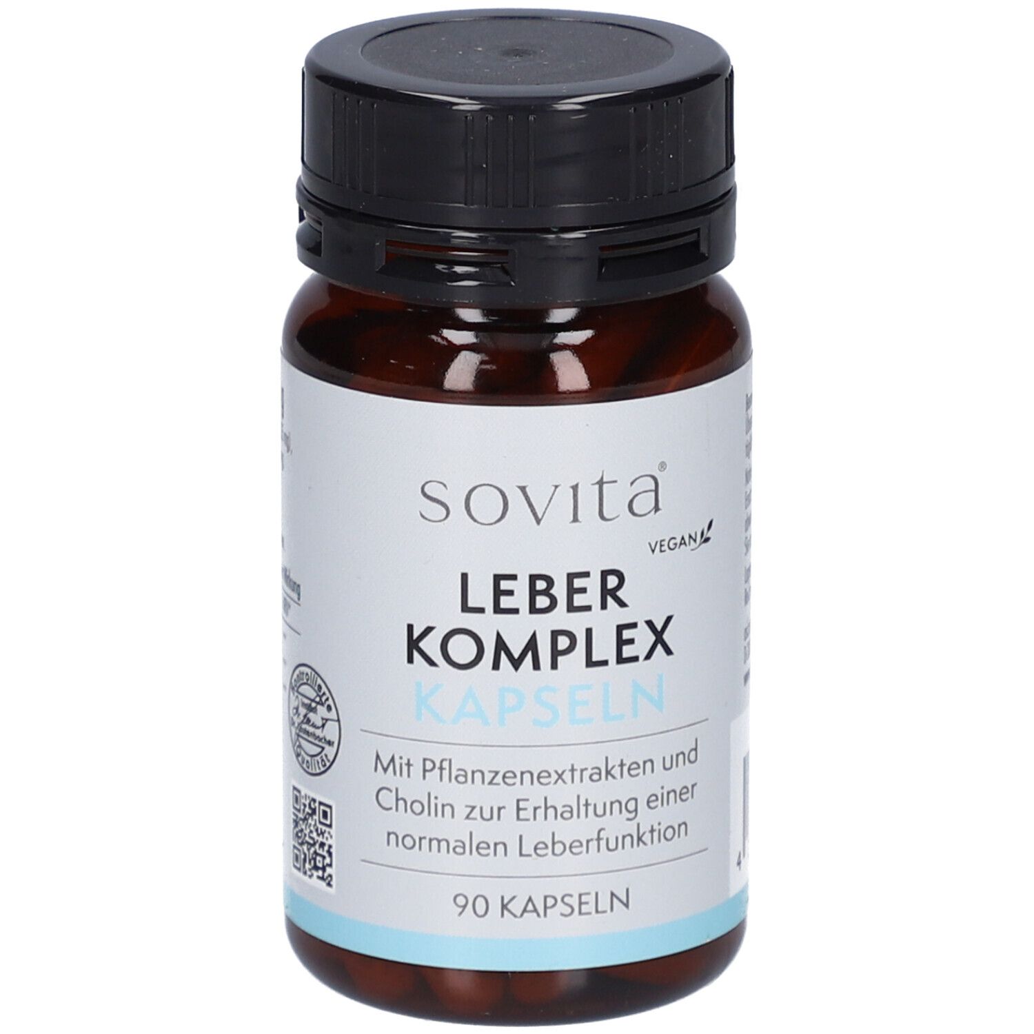 Flacon brun avec bouchon noir. Inscription: Sovita Leber Komplex Kapseln. 90 gélules. Vegan.