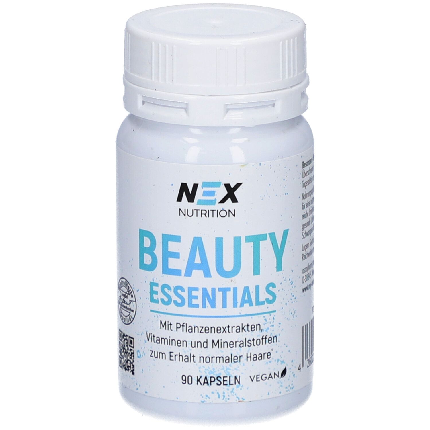 Flacon blanc de capsules. Inscription: NEX NUTRITION BEAUTY ESSENTIALS. 90 capsules, végétalien.