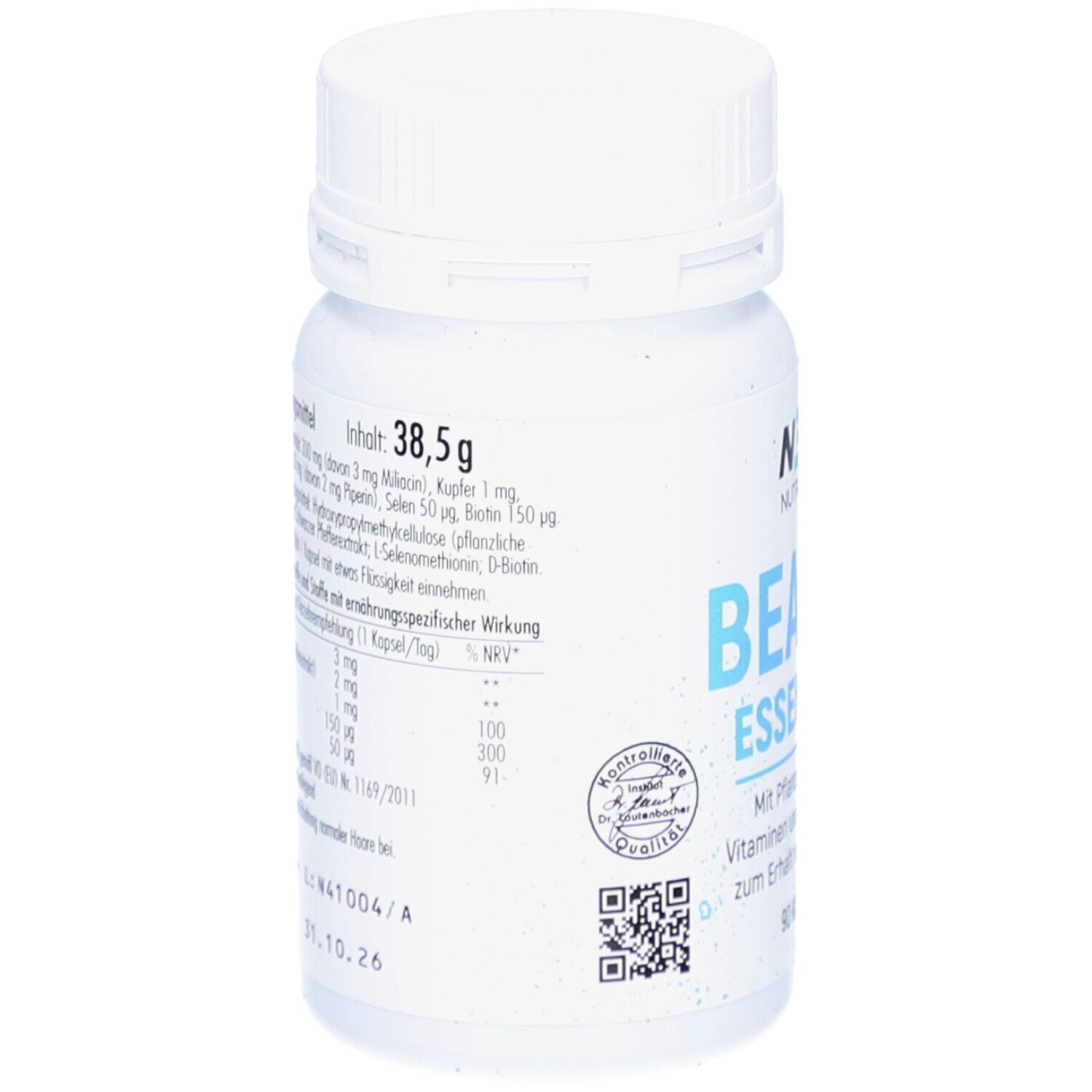 Dos du flacon de gélules. Informations sur les ingrédients et les valeurs nutritionnelles. Contient 38,5 g.