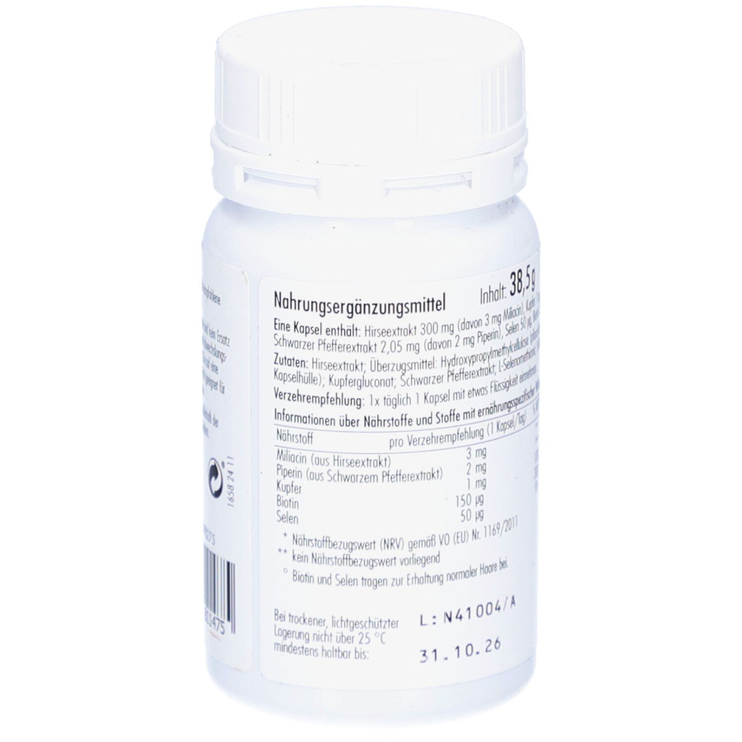 Dos du flacon de gélules. Informations sur les ingrédients et les valeurs nutritionnelles. Contient 38,5 g.