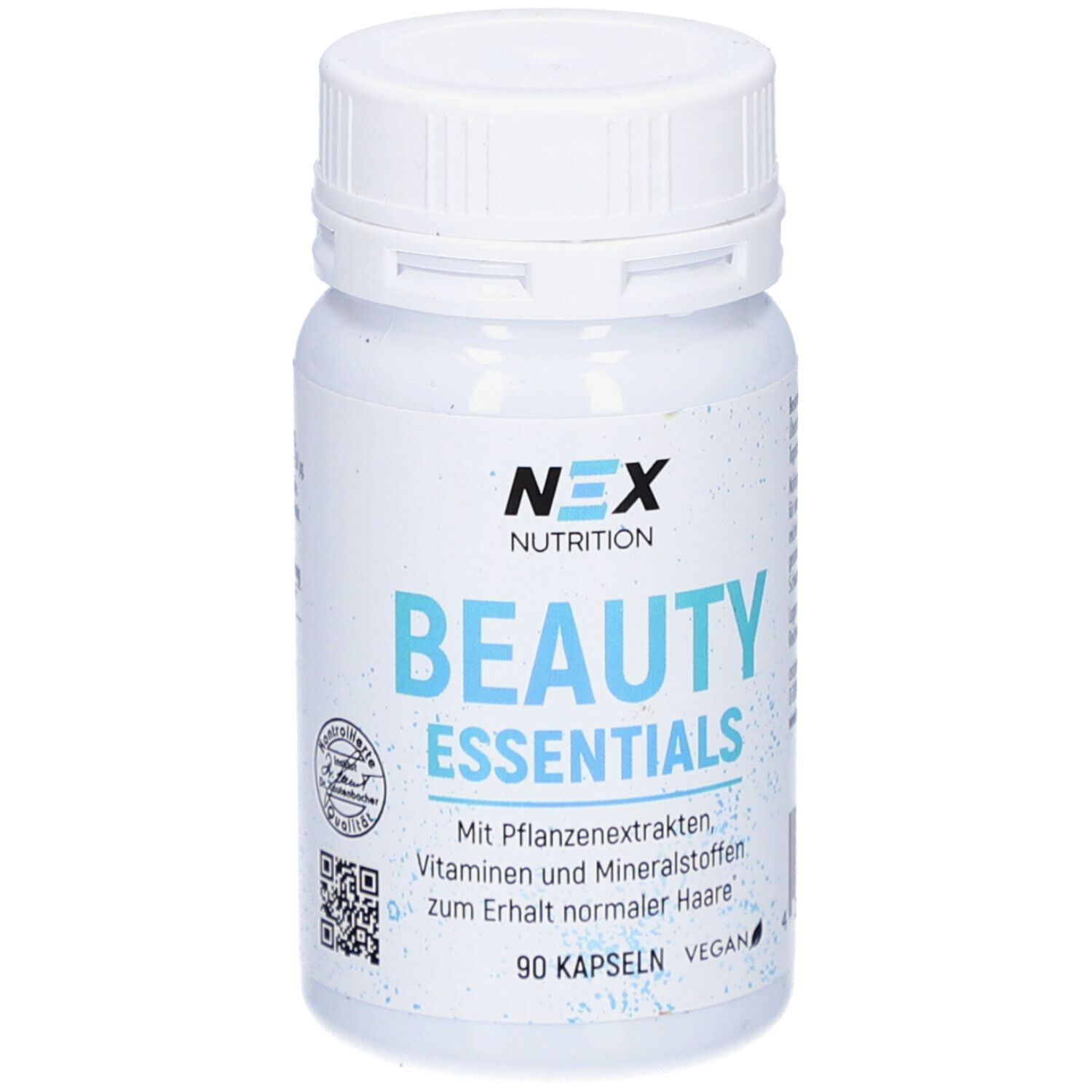 Flacon blanc de capsules. Inscription: NEX NUTRITION BEAUTY ESSENTIALS. 90 capsules, végétalien.