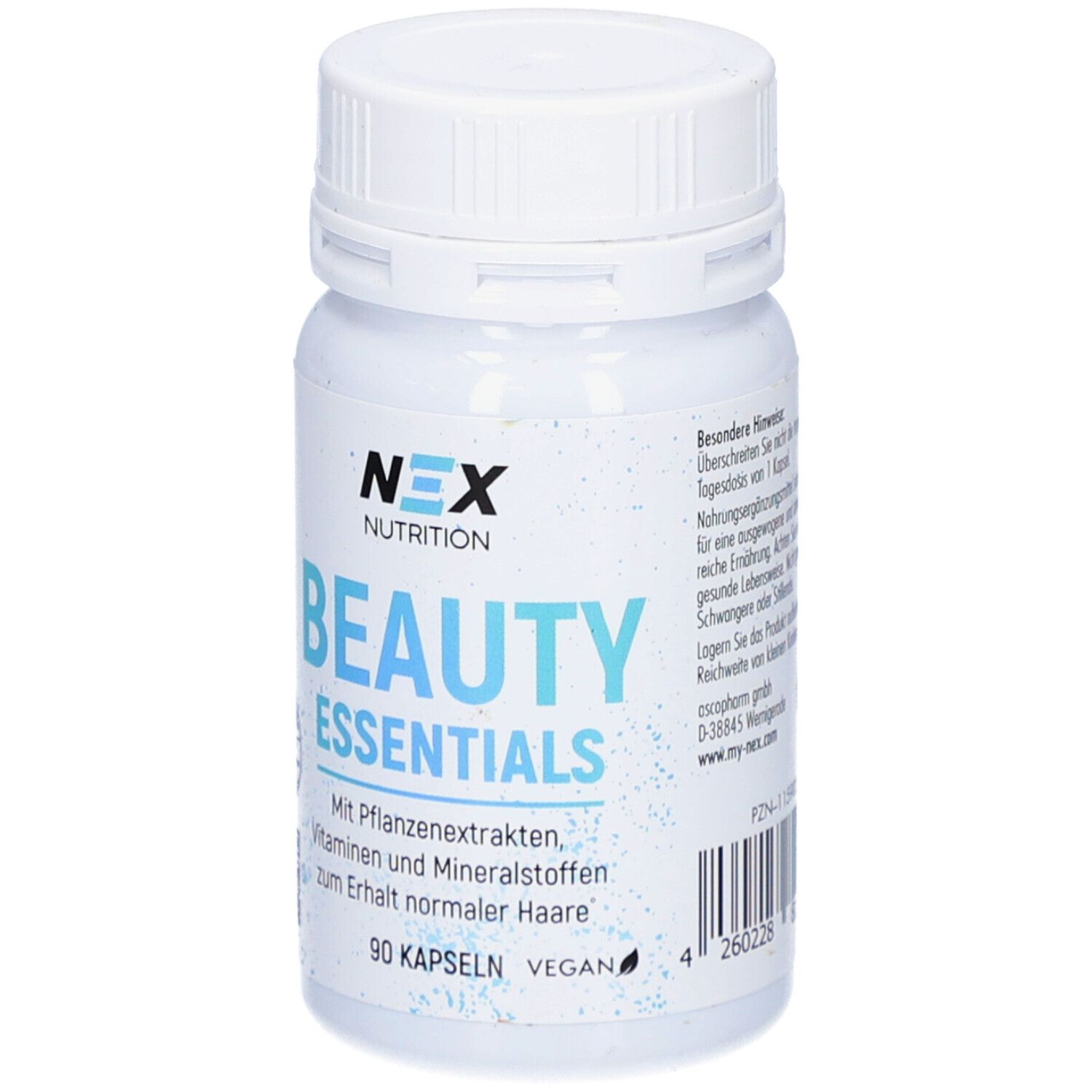 Flacon blanc de capsules. Inscription: NEX NUTRITION BEAUTY ESSENTIALS. 90 capsules, végétalien.