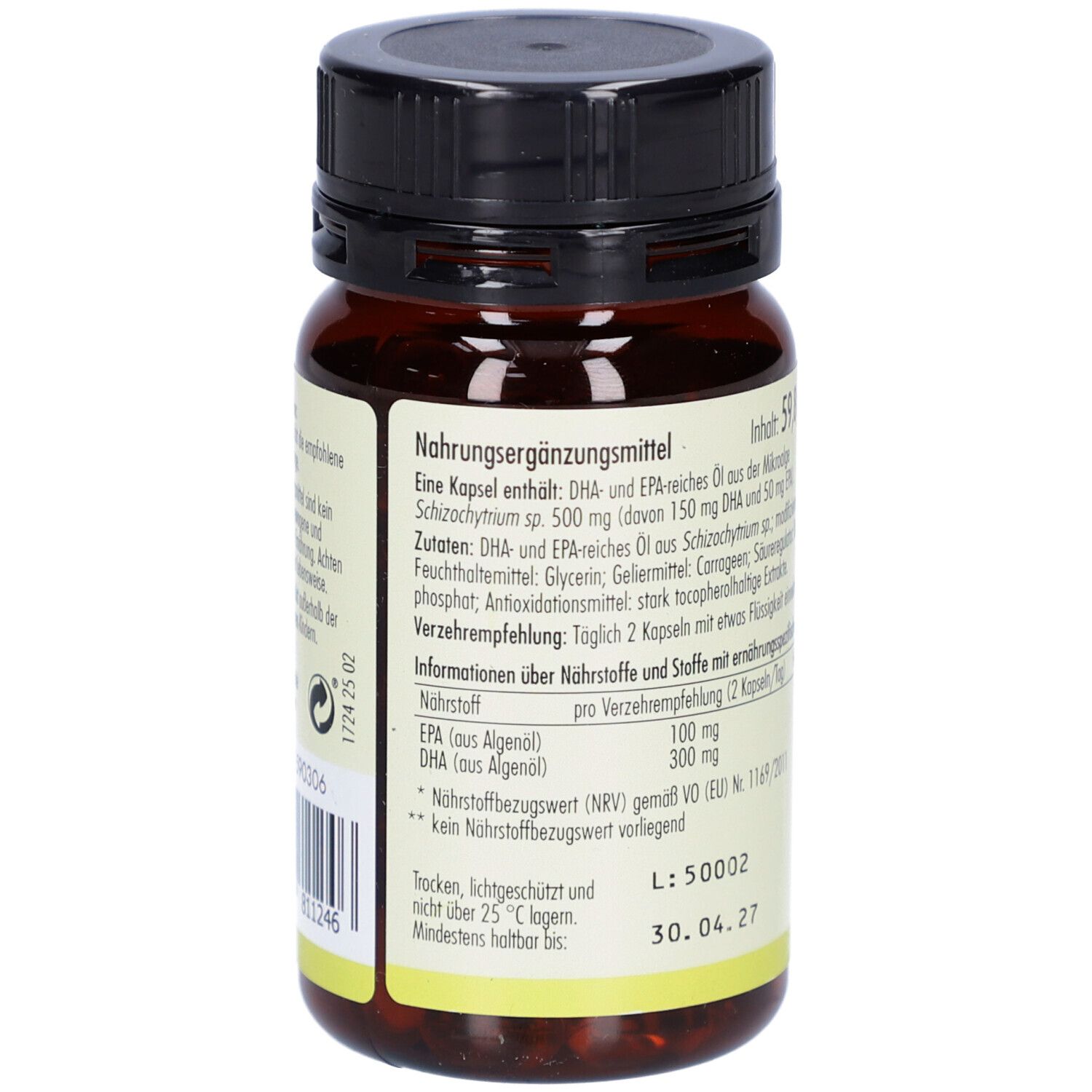 Rückseite der Flasche. Enthält Informationen zu Inhaltsstoffen und Nährwerten. Mindesthaltbarkeitsdatum: 30.04.27.