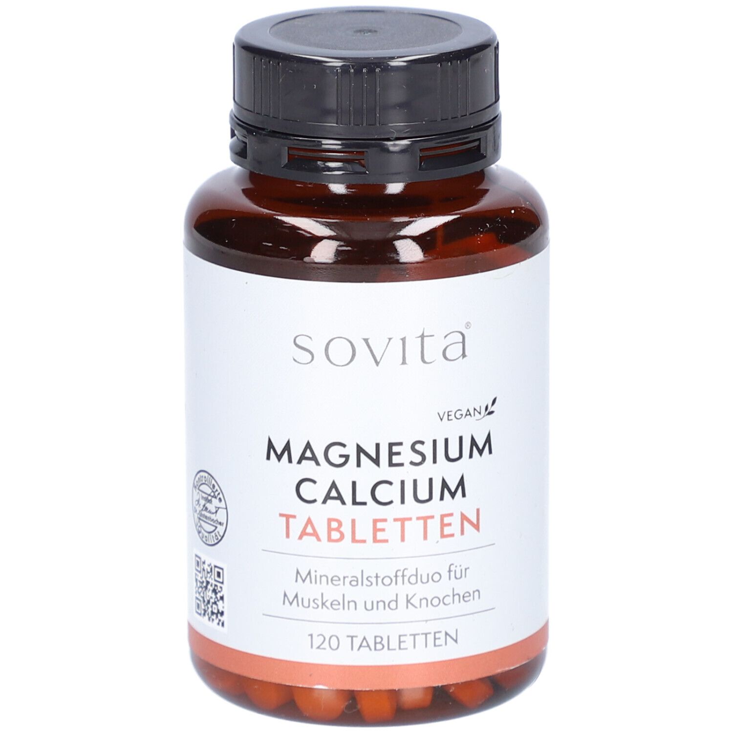 Flacon brun avec bouchon noir. L'étiquette indique "sovita", "Magnesium Calcium Tabletten", "120 Tabletten".