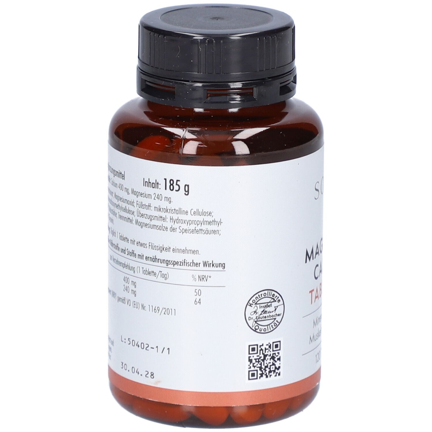Dos d'une bouteille marron. Étiquette avec ingrédients, informations nutritionnelles et code QR. Contient "Magnesium Calcium Tabletten".