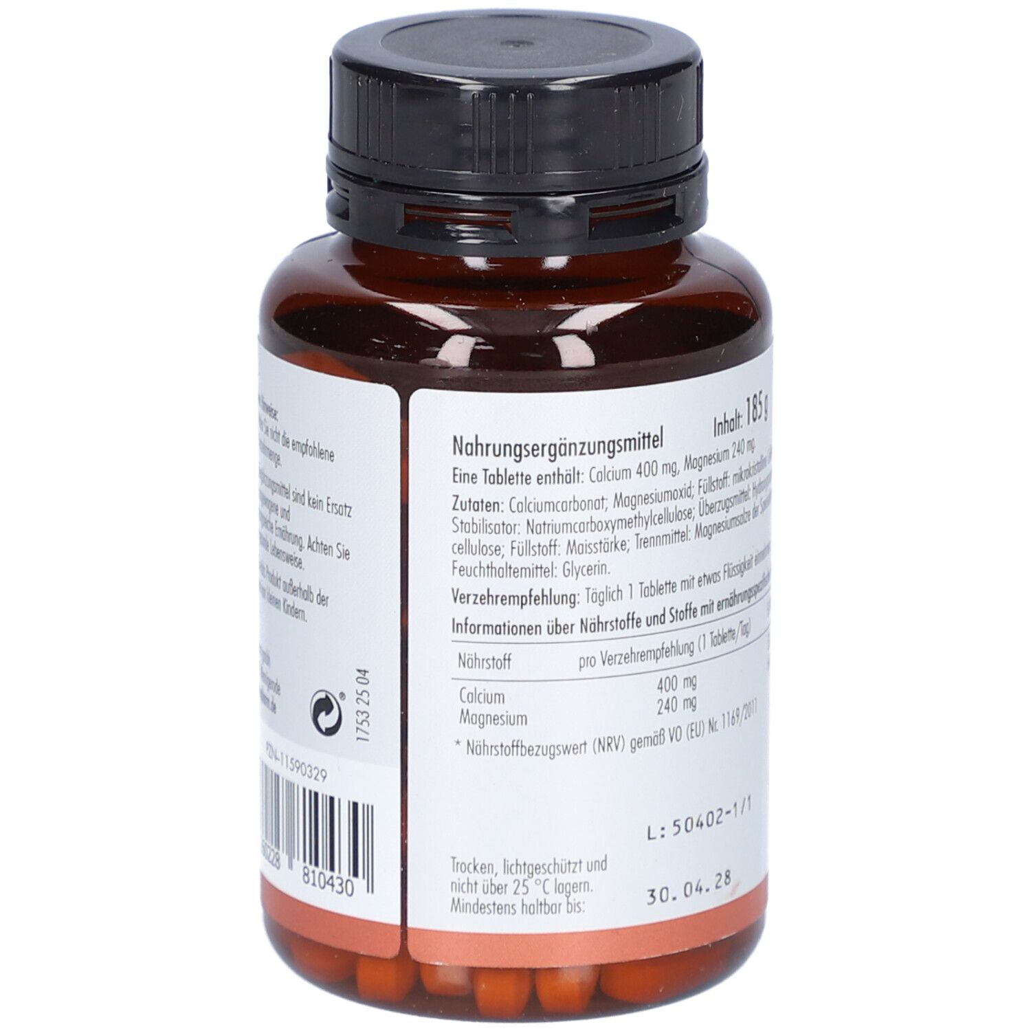 Dos d'une bouteille marron. Étiquette avec ingrédients, informations nutritionnelles et code QR. Contient "Magnesium Calcium Tabletten".