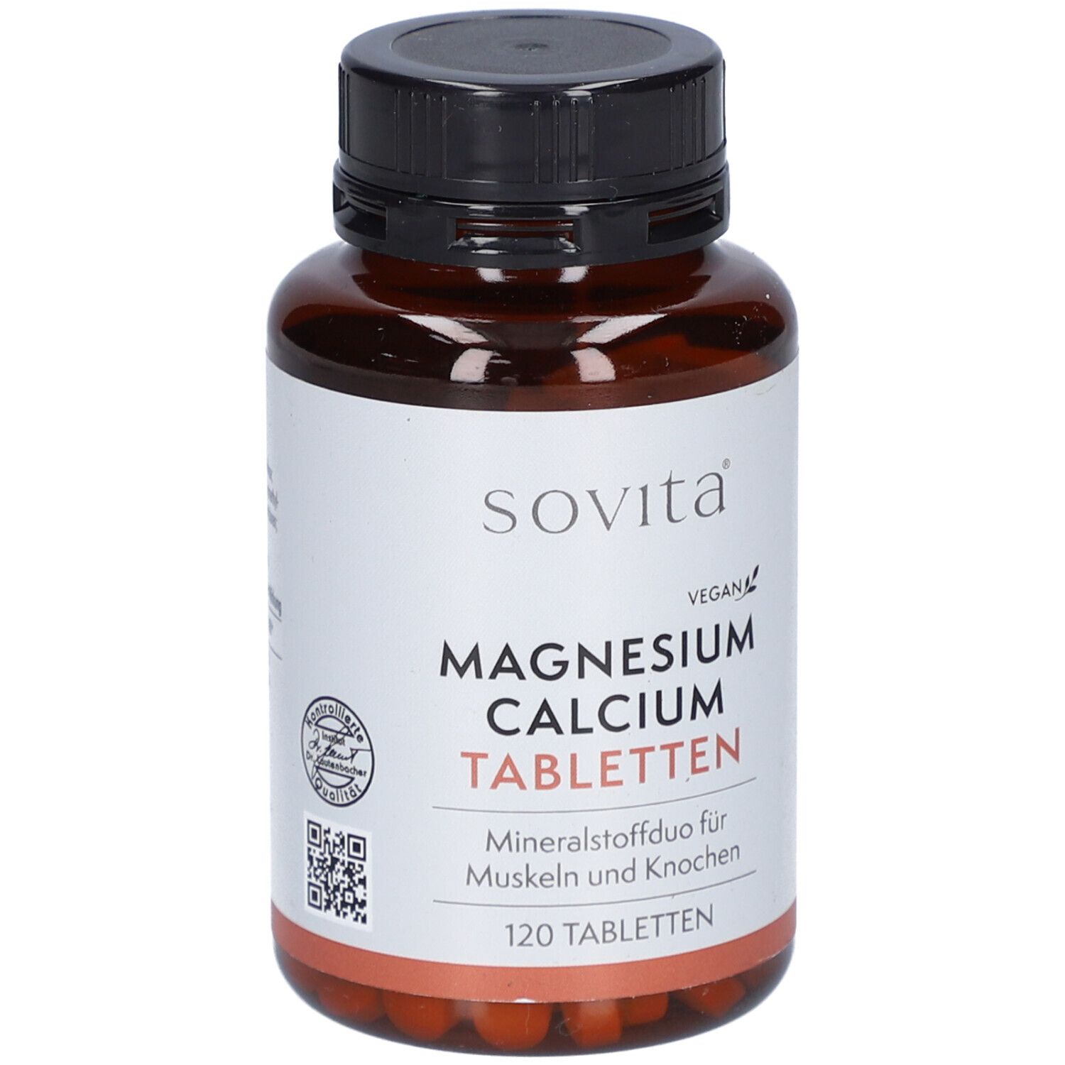 Flacon brun avec bouchon noir. L'étiquette indique "sovita", "Magnesium Calcium Tabletten", "120 Tabletten".
