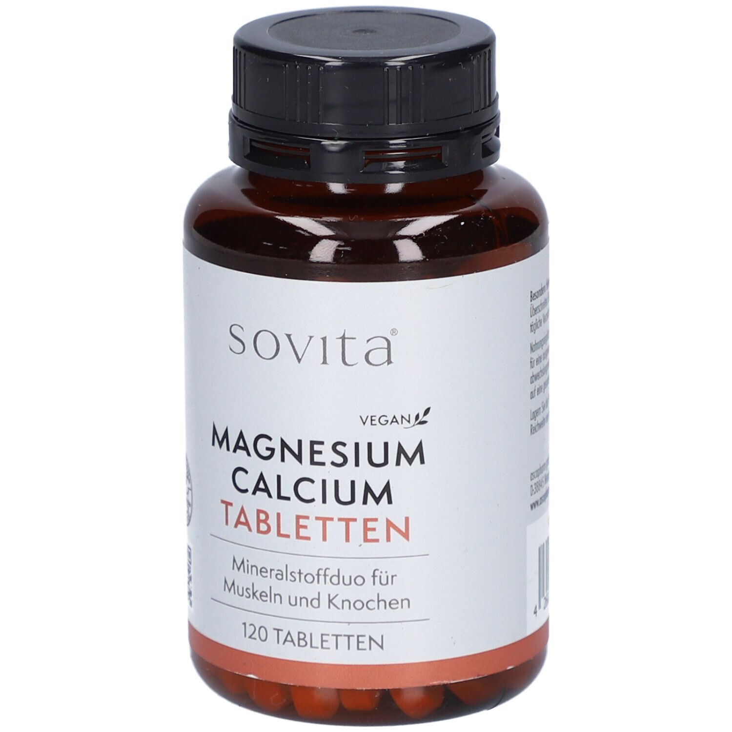 Flacon brun avec bouchon noir. L'étiquette indique "sovita", "Magnesium Calcium Tabletten", "120 Tabletten".