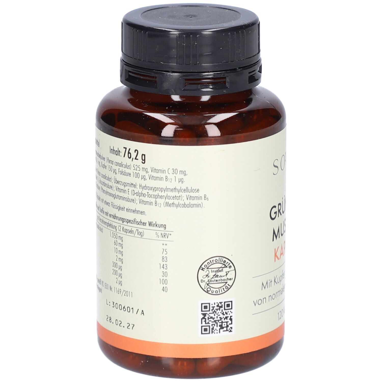 Dos du flacon. Contient des informations sur les ingrédients et les valeurs nutritionnelles. Avec label bio.