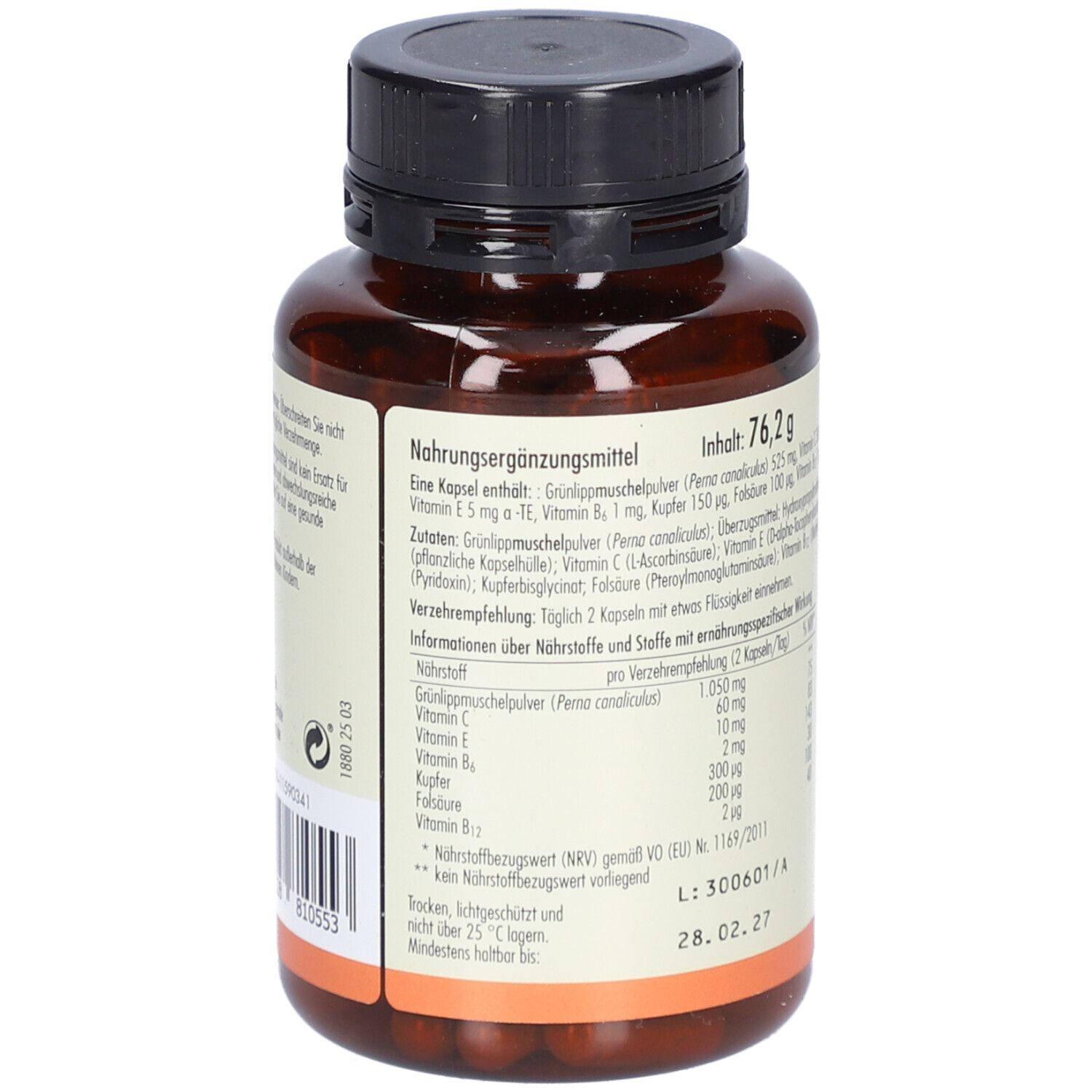 Dos du flacon. Contient des informations sur les ingrédients et les valeurs nutritionnelles. Avec label bio.