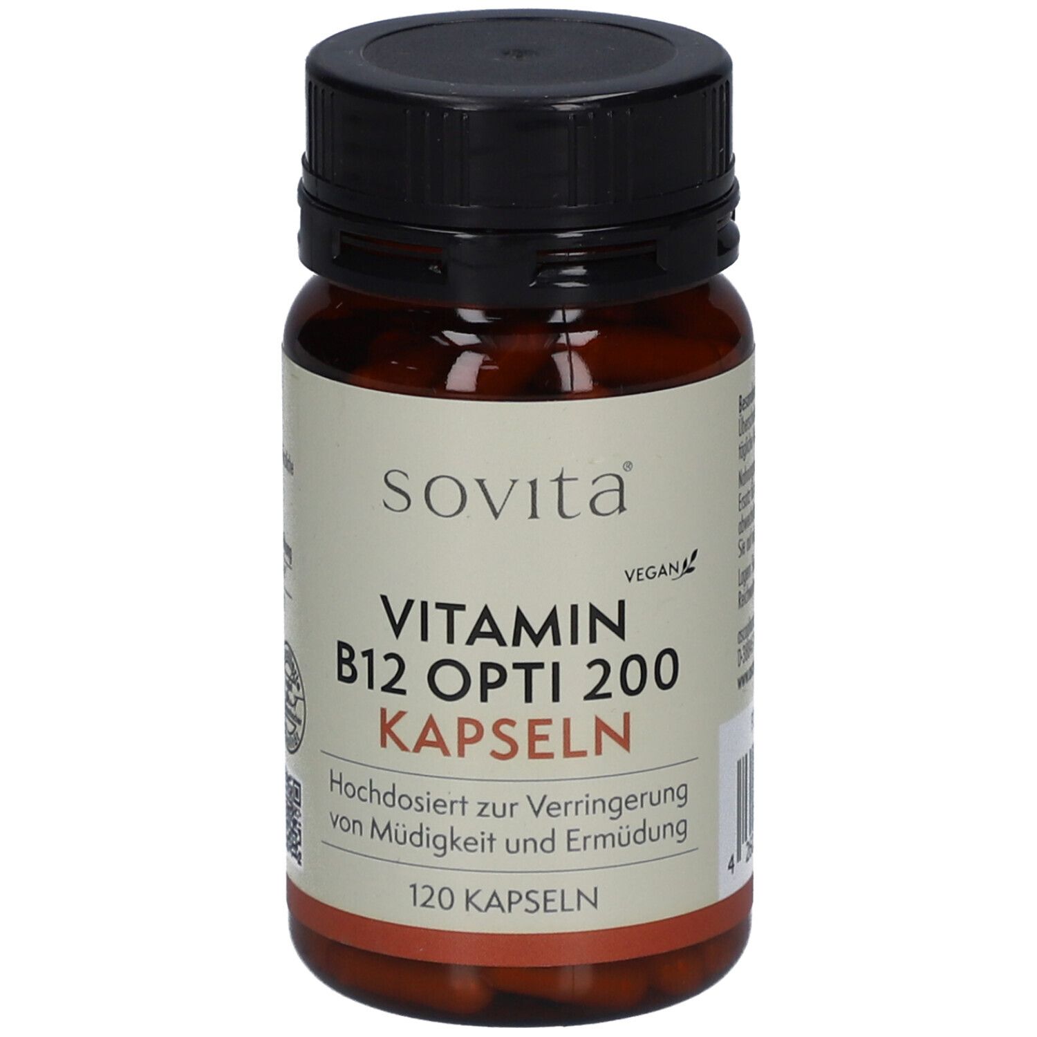 Braune Flasche mit schwarzem Deckel. Aufschrift: Sovita Vitamin B12 Opti 200 Kapseln. 120 Kapseln. Vegan.