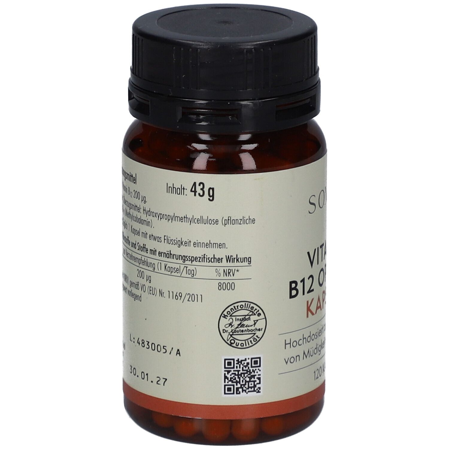 Rückseite der braunen Flasche. Enthält Informationen zu Inhaltsstoffen und Nährwerten. Siegel: Kontrollierte Qualität.