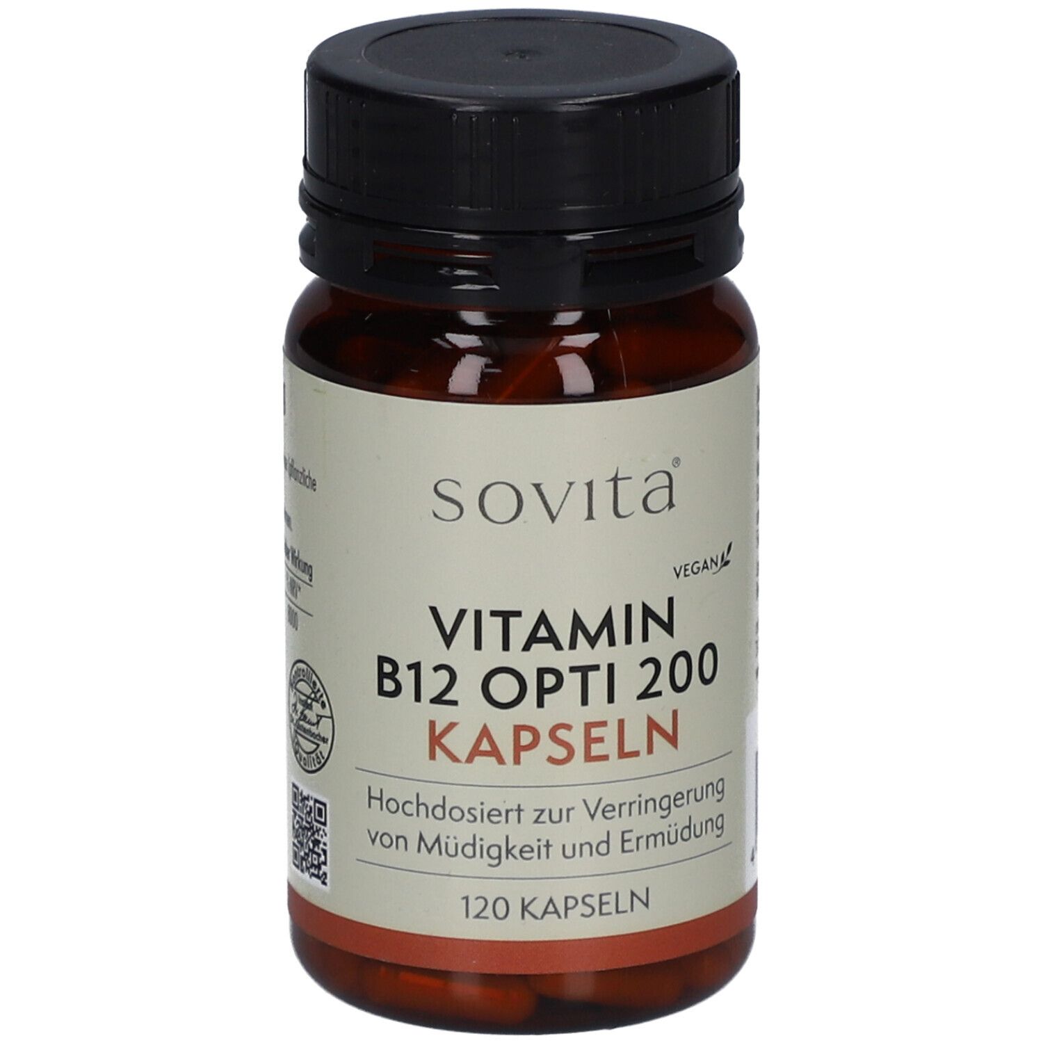 Braune Flasche mit schwarzem Deckel. Aufschrift: Sovita Vitamin B12 Opti 200 Kapseln. 120 Kapseln. Vegan.