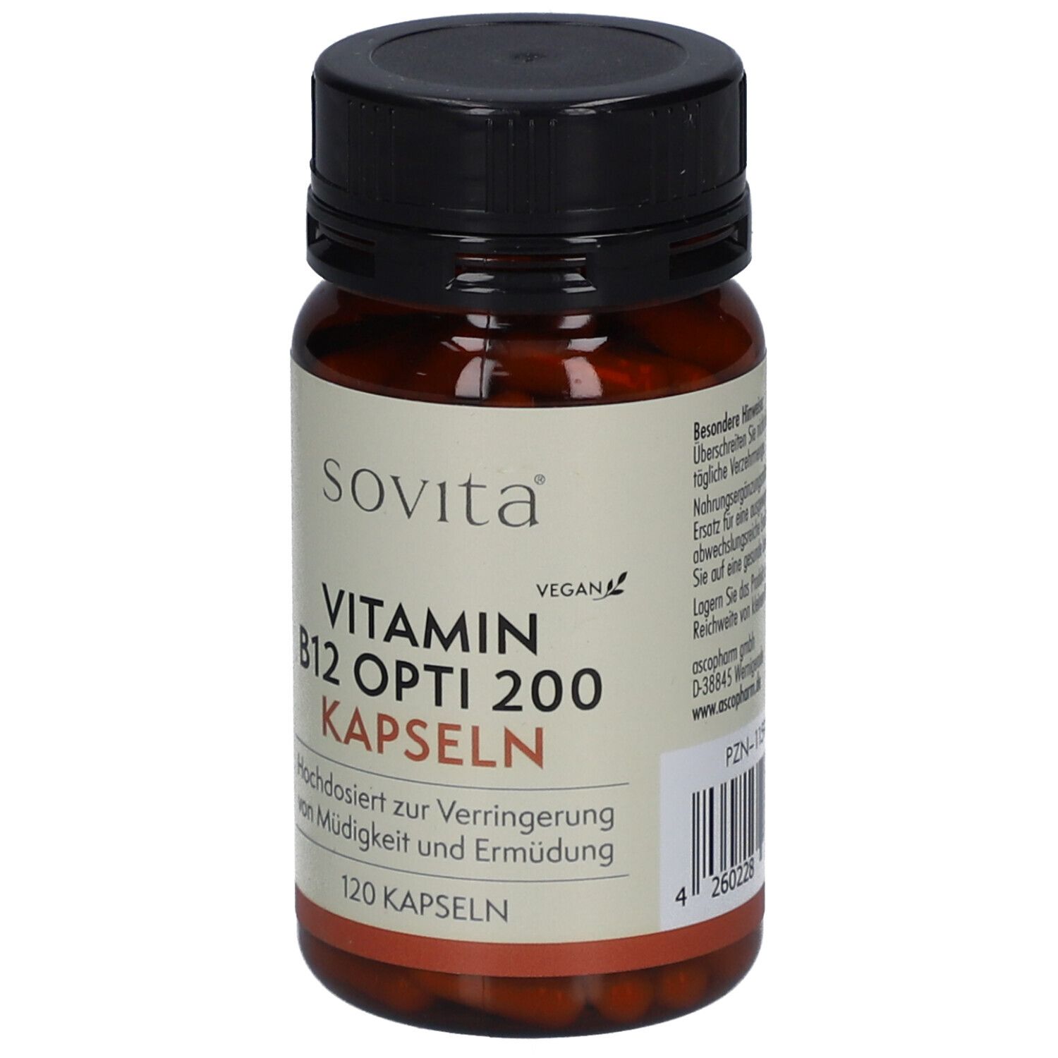 Braune Flasche mit schwarzem Deckel. Aufschrift: Sovita Vitamin B12 Opti 200 Kapseln. 120 Kapseln. Vegan.