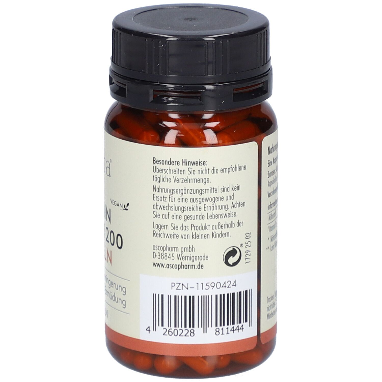 Rückseite der braunen Flasche. Enthält Informationen und Warnhinweise. PZN-11590424. Mindestens haltbar bis 30.01.27.