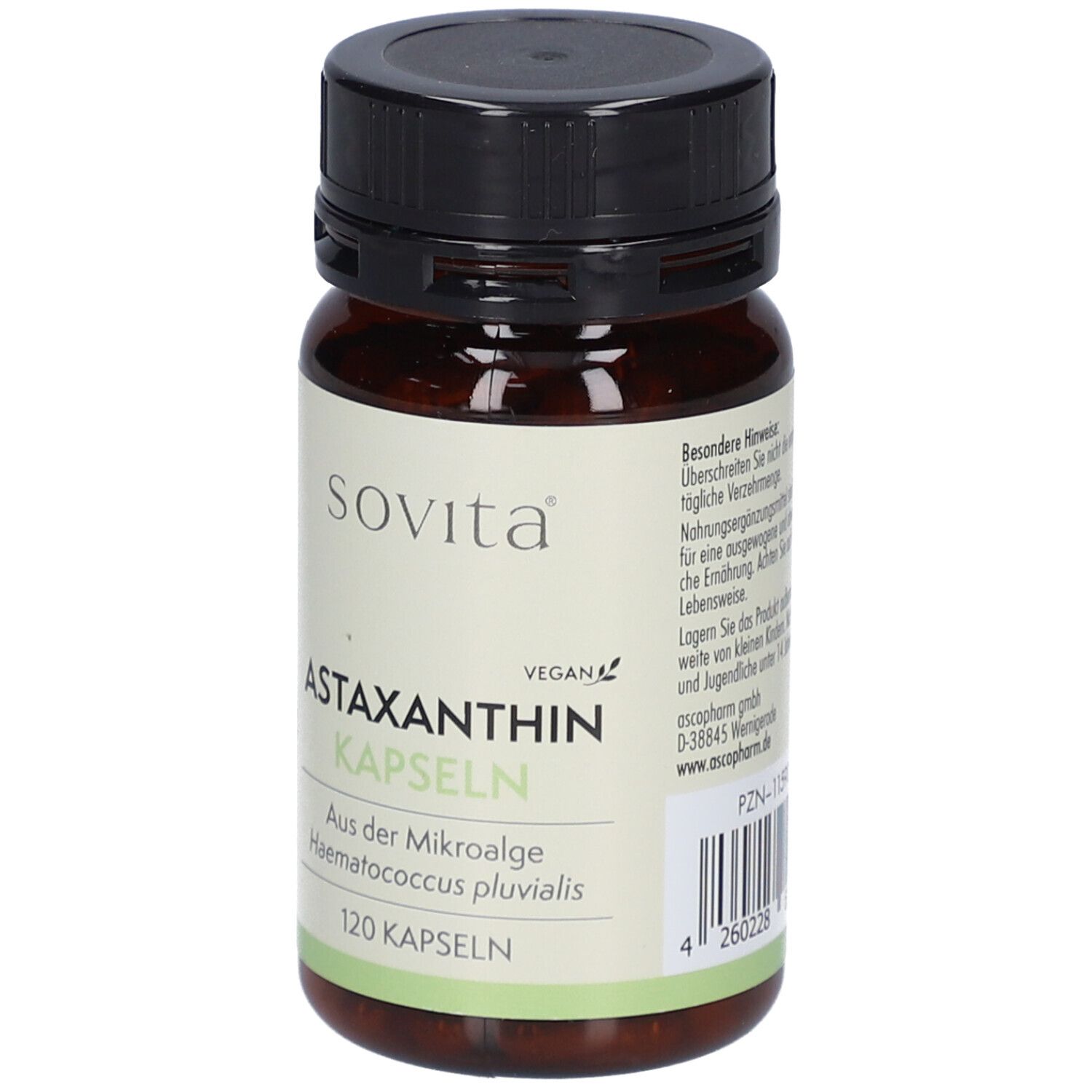 Braune Flasche mit schwarzem Deckel. Aufschrift: sovita Astaxanthin Kapseln. 120 Kapseln. Etikett mit Informationen.