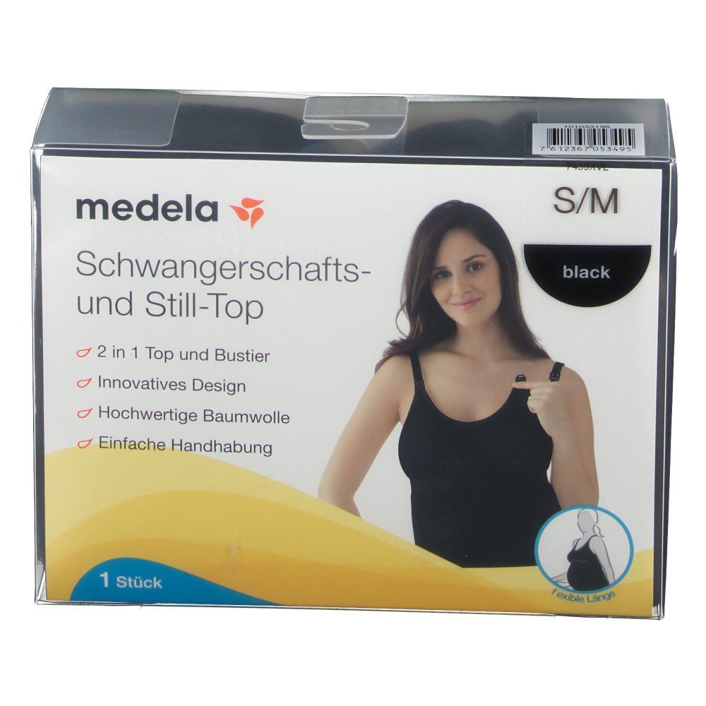 Verpackung mit Produktabbildung. Aufdruck: medela, S/M, schwarz. Frau trägt Top.