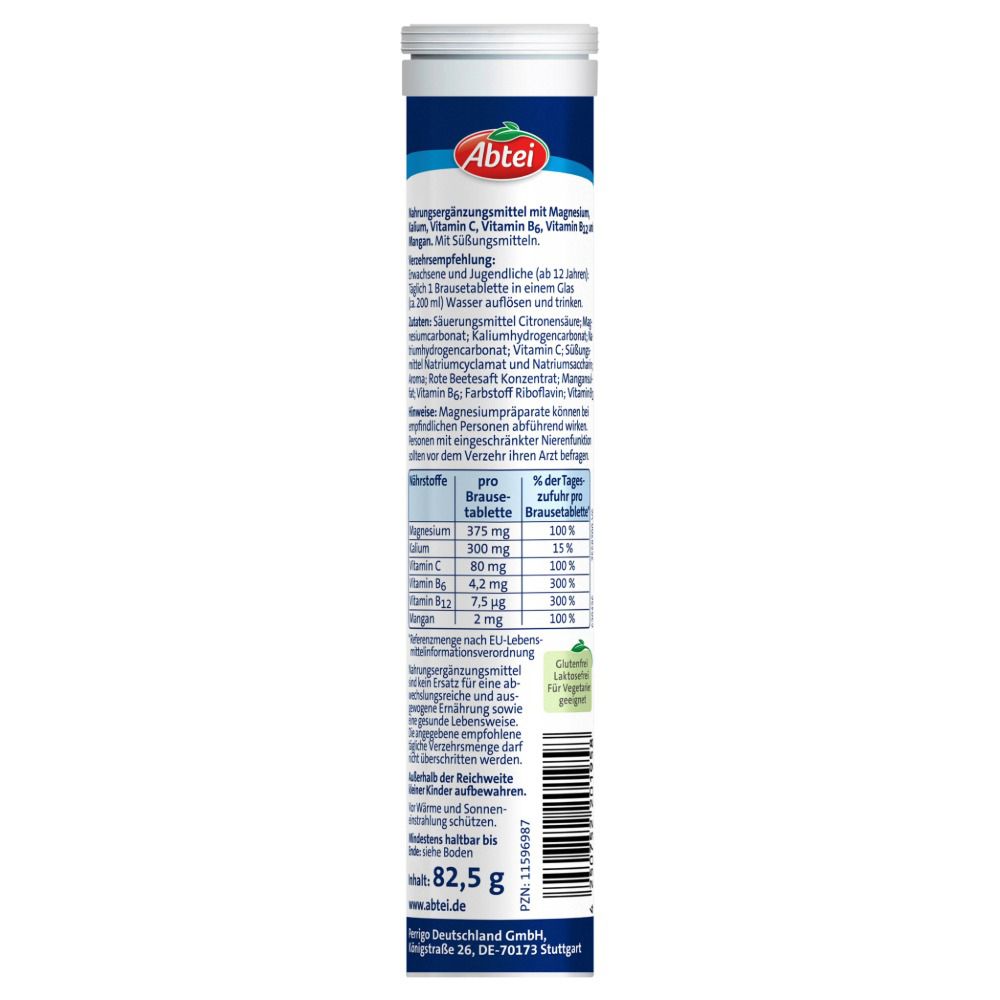 Dos de l'emballage des comprimés effervescents Abtei Magnesium + Kalium Aktiv Plus. Contient des informations sur les ingrédients et la valeur nutritionnelle.