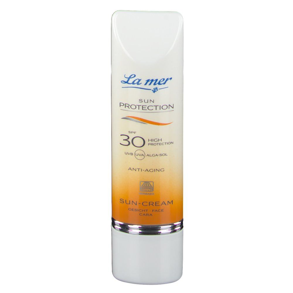 Tube de crème solaire blanc et orange. Inscriptions : La mer, Sun Protection, SPF 30, Anti-Aging, Sun-Cream.