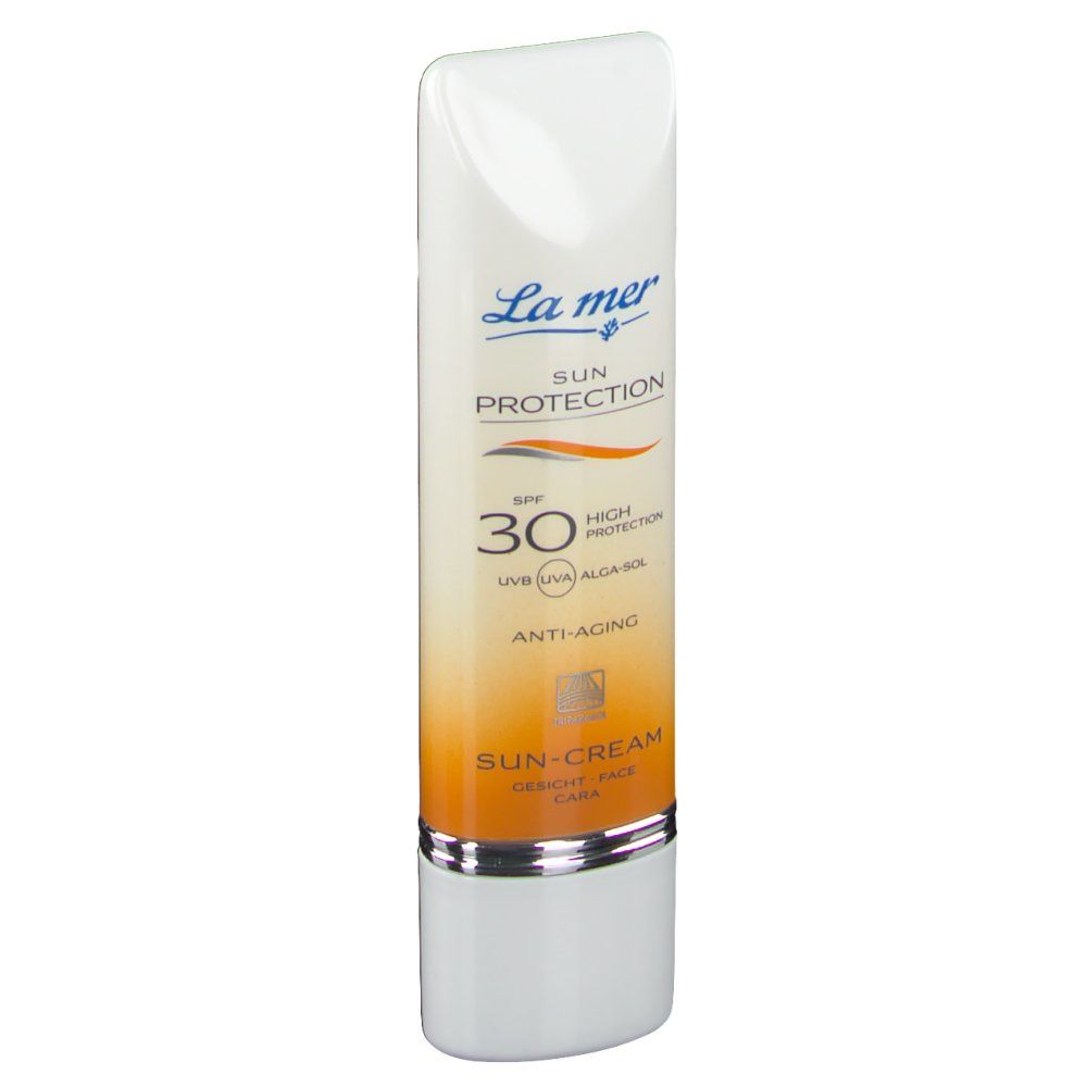Tube de crème solaire blanc et orange. Inscriptions : La mer, Sun Protection, SPF 30, Anti-Aging, Sun-Cream.