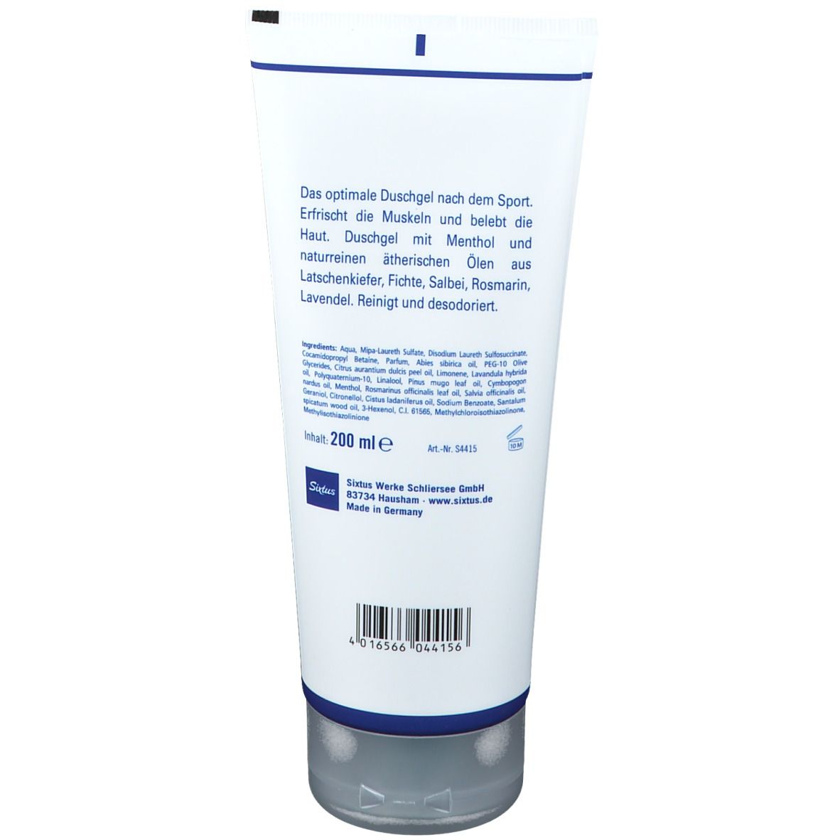 Tube blanche et bleue. Texte: gel douche, menthol, huiles essentielles. Ingrédients, 200 ml. Marque Sixtus.