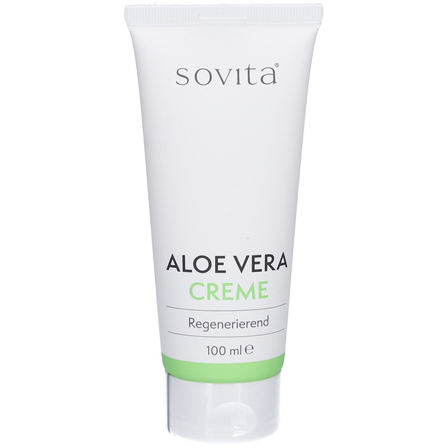 Tube blanche avec accents verts. Inscription Sovita et Aloe Vera Creme. Crème régénérante. 100 ml.