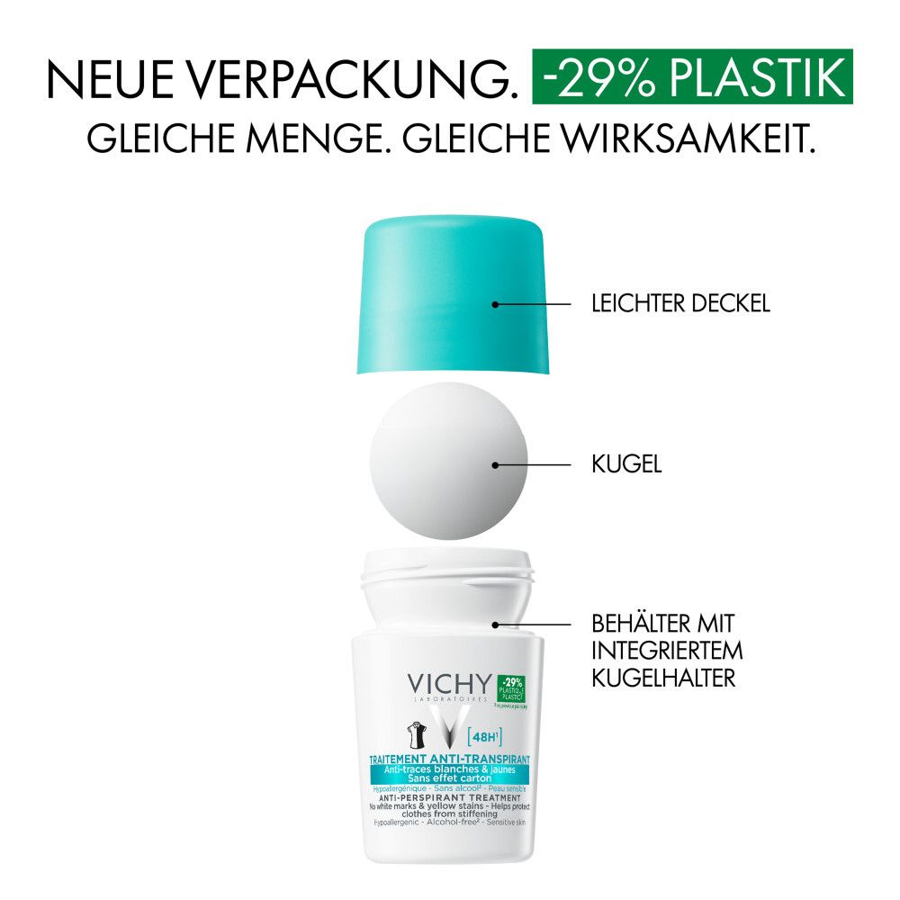 Schéma éclaté du roll-on. Pièces: bouchon, bille, contenant avec support. Texte: VICHY, Anti-transpirant 48h.