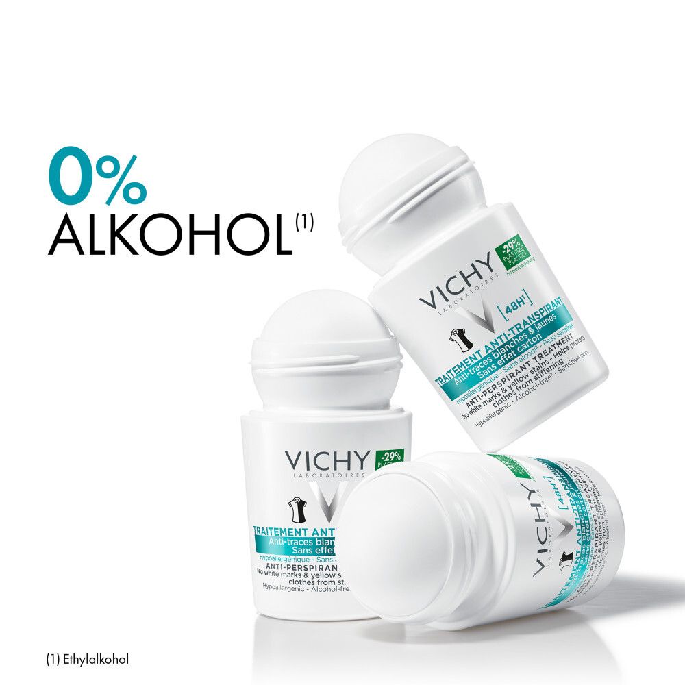 Trois roll-ons. Logo VICHY, Anti-transpirant 48h. Inscription verte: -29% plastique. Texte: 0% alcool.