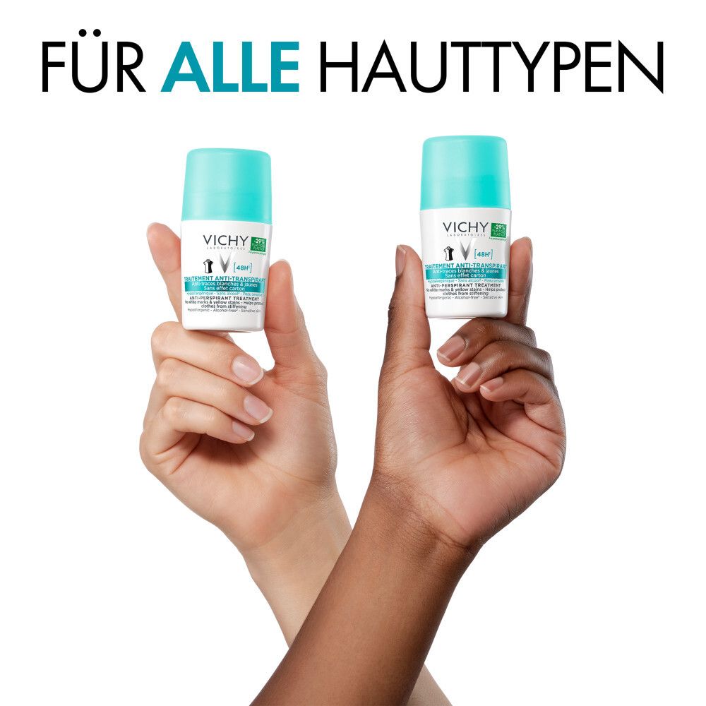Deux mains tiennent chacune un roll-on. Flacons turquoise et blancs. Inscription: VICHY, Anti-transpirant 48h. Texte: Pour tous types de peau.