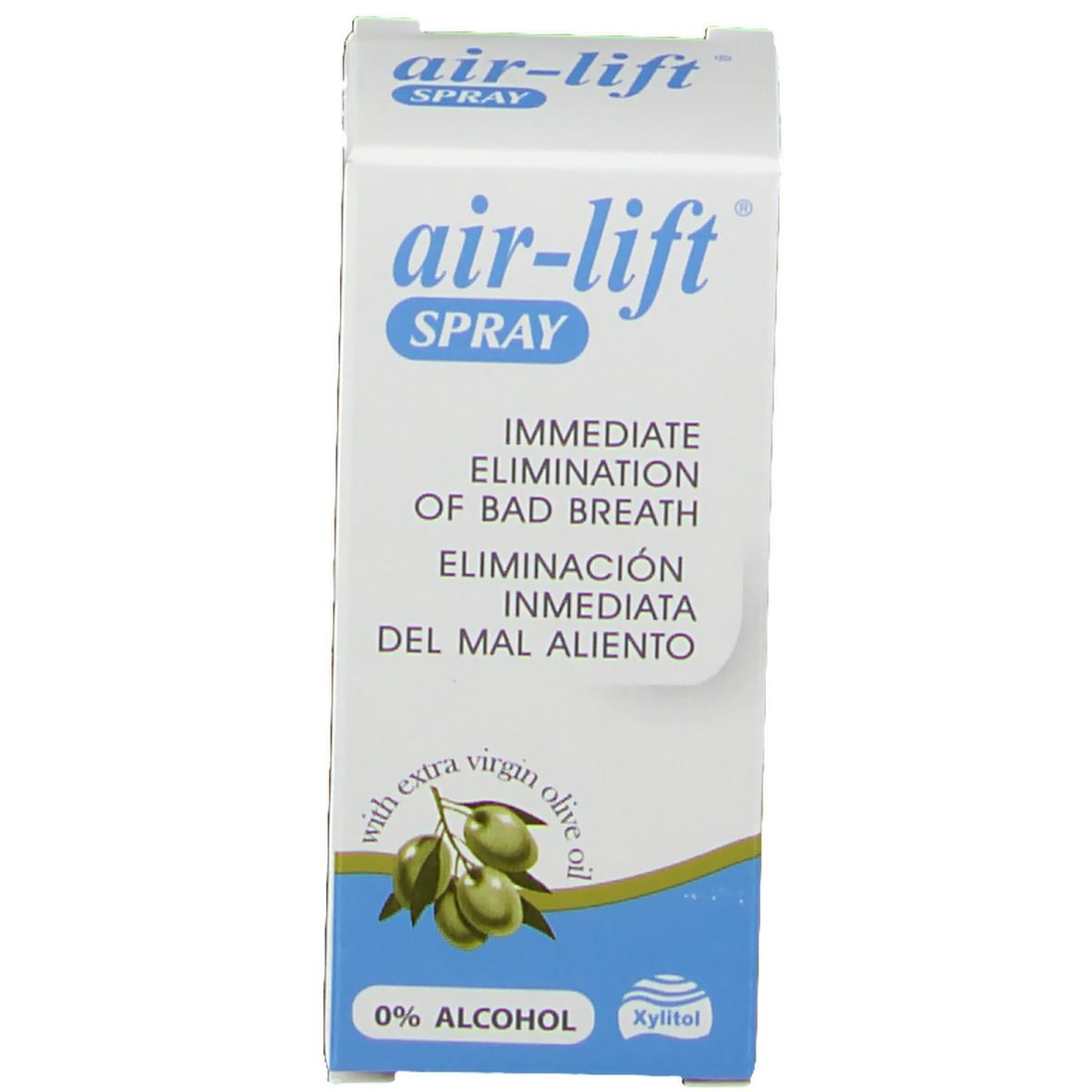 Emballage avec texte : air-lift Spray, 0% alcool. Illustration d'olives.