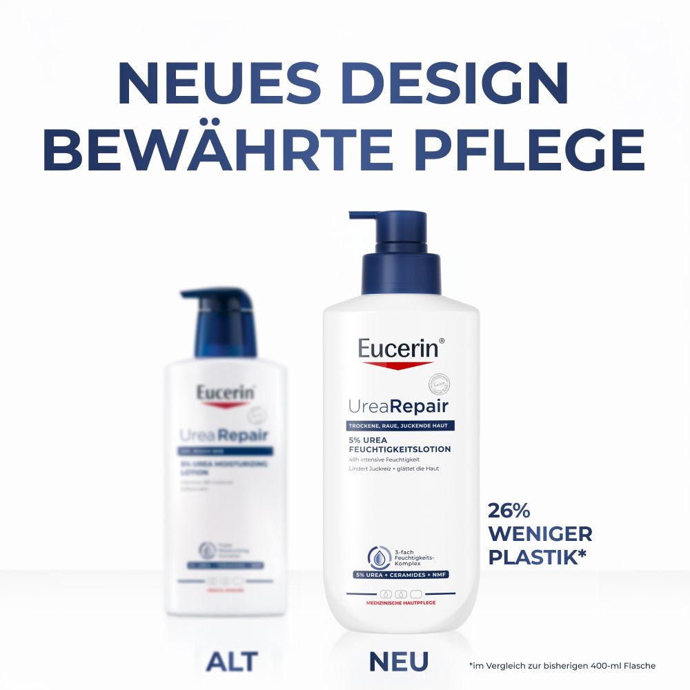 Nouveau design de la lotion Eucerin UreaRepair PLUS comparé à l'ancien design.