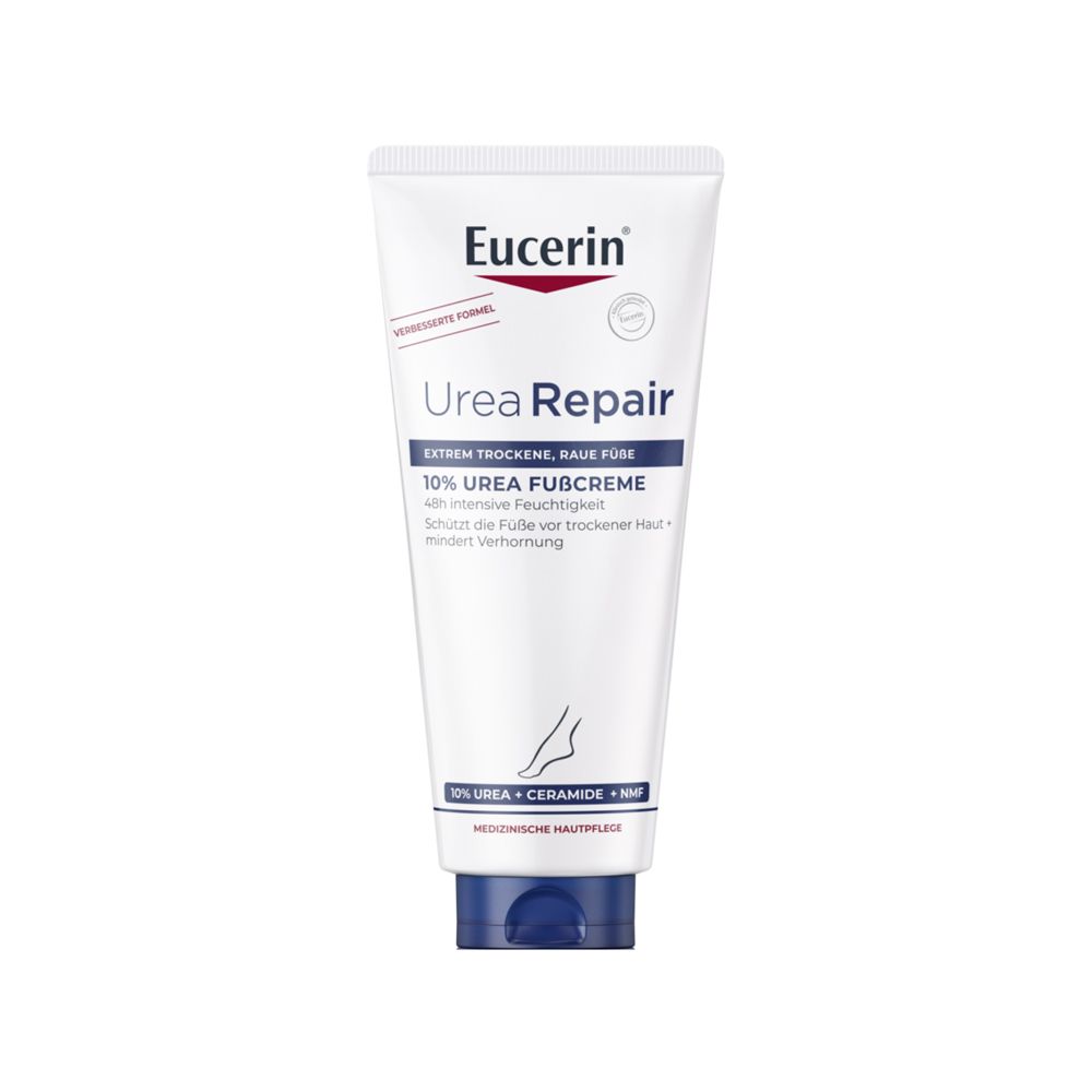 Eucerin UreaRepair PLUS Fußcreme 10% Tube mit blauem Deckel.