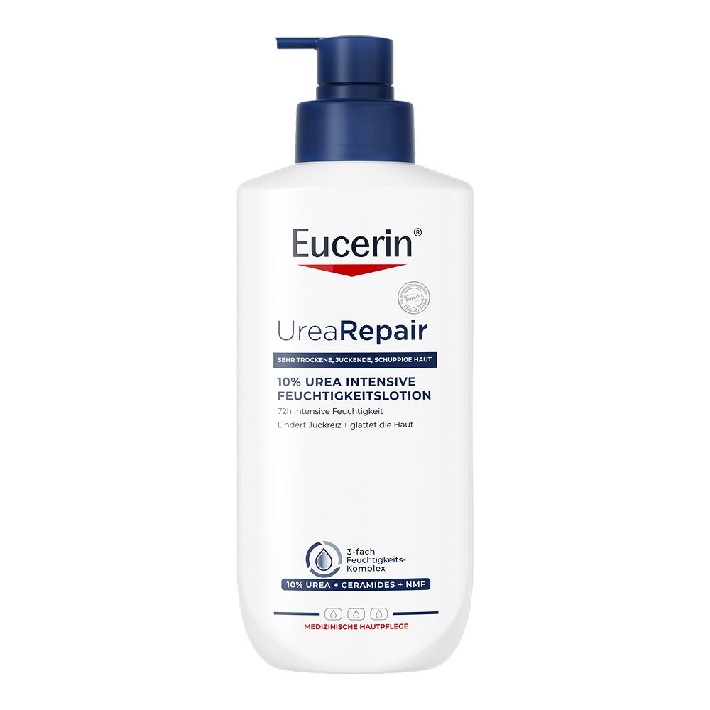 Flacon pompe Eucerin UreaRepair PLUS Lotion 10% avec système de distribution.