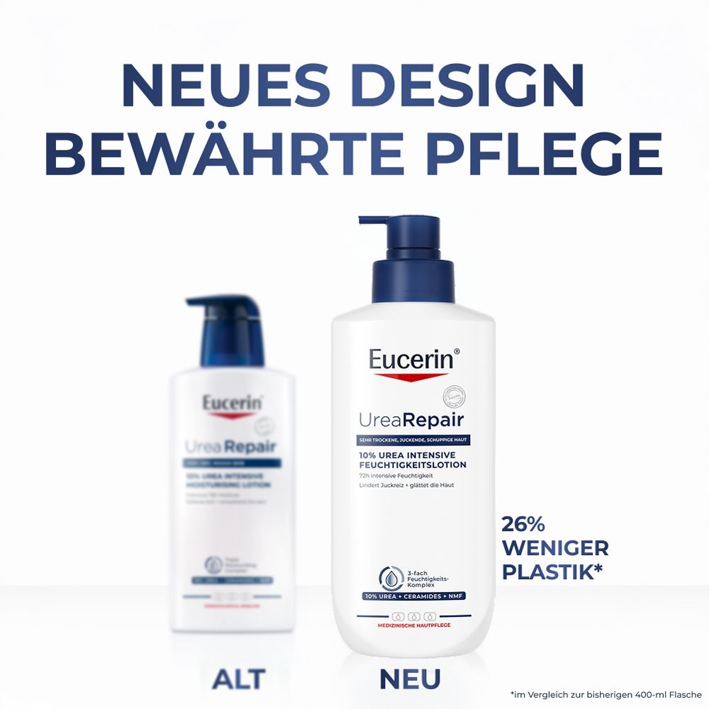 Nouveau design d'Eucerin UreaRepair PLUS Lotion 10% avec 26% de plastique en moins.