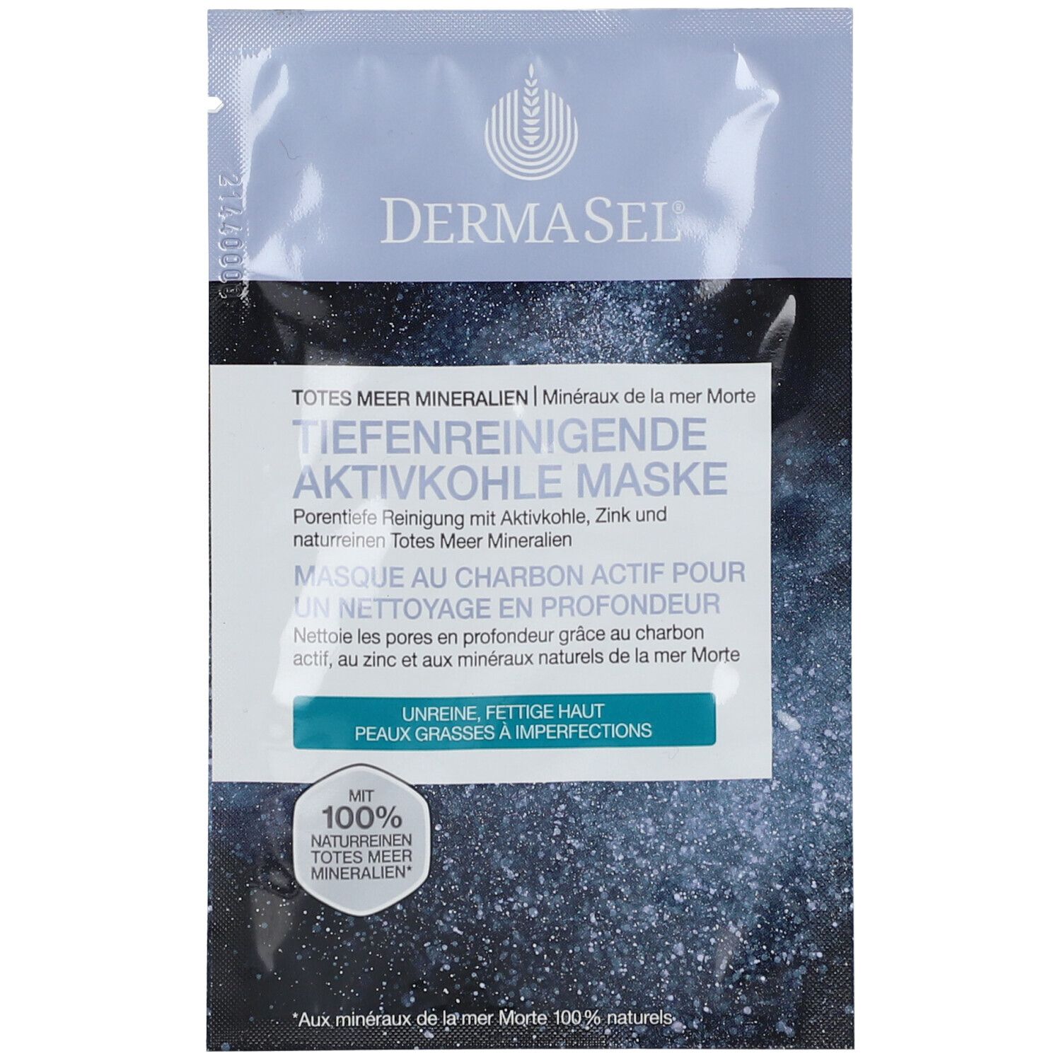 Beutel mit Aktivkohlemaske. Text: Tiefenreinigende Aktivkohle Maske, für unreine, fettige Haut. Mit 100% natürlichen Mineralien.
